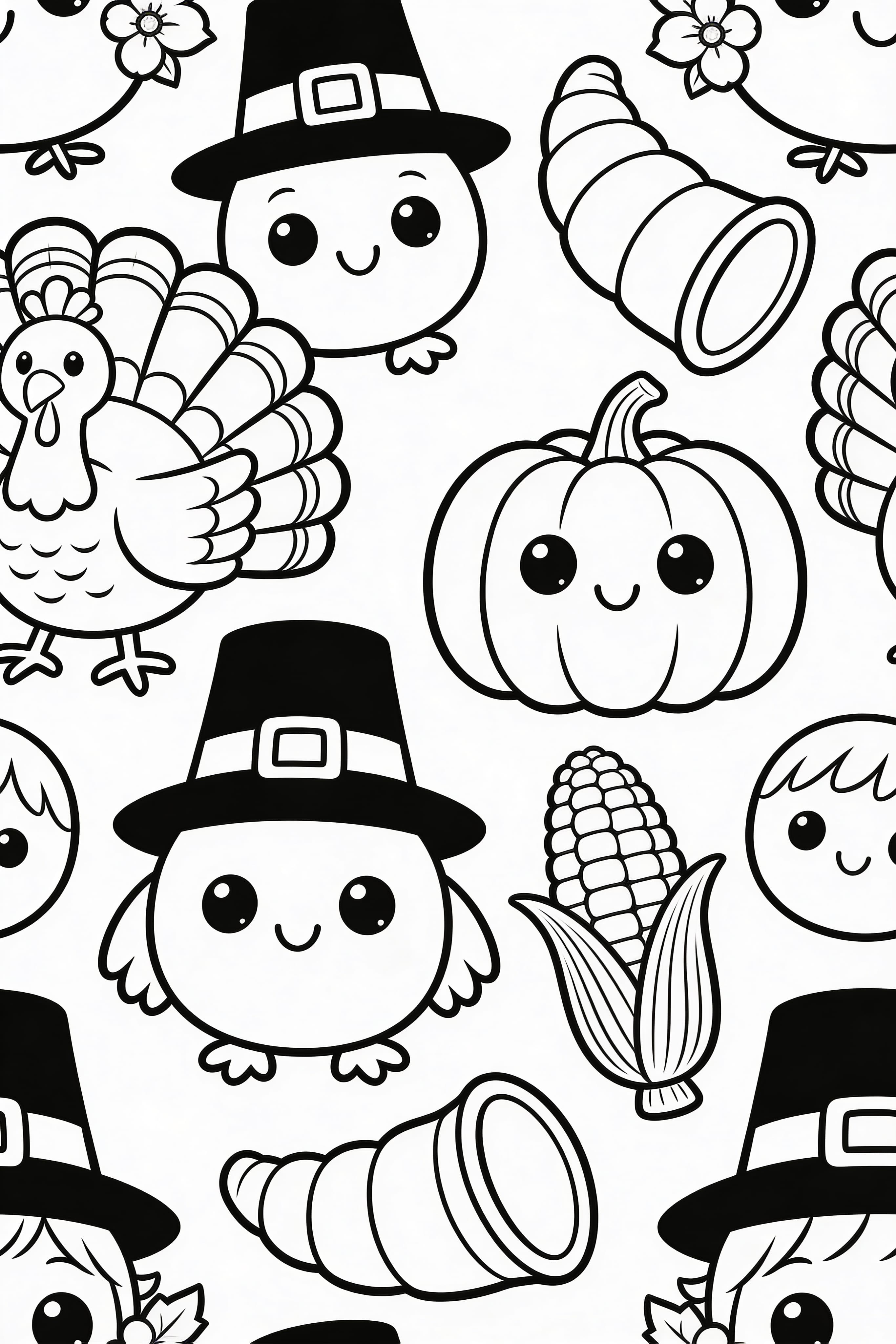 Cute cartoon Thanksgiving coloring page with turkey and pumpkins