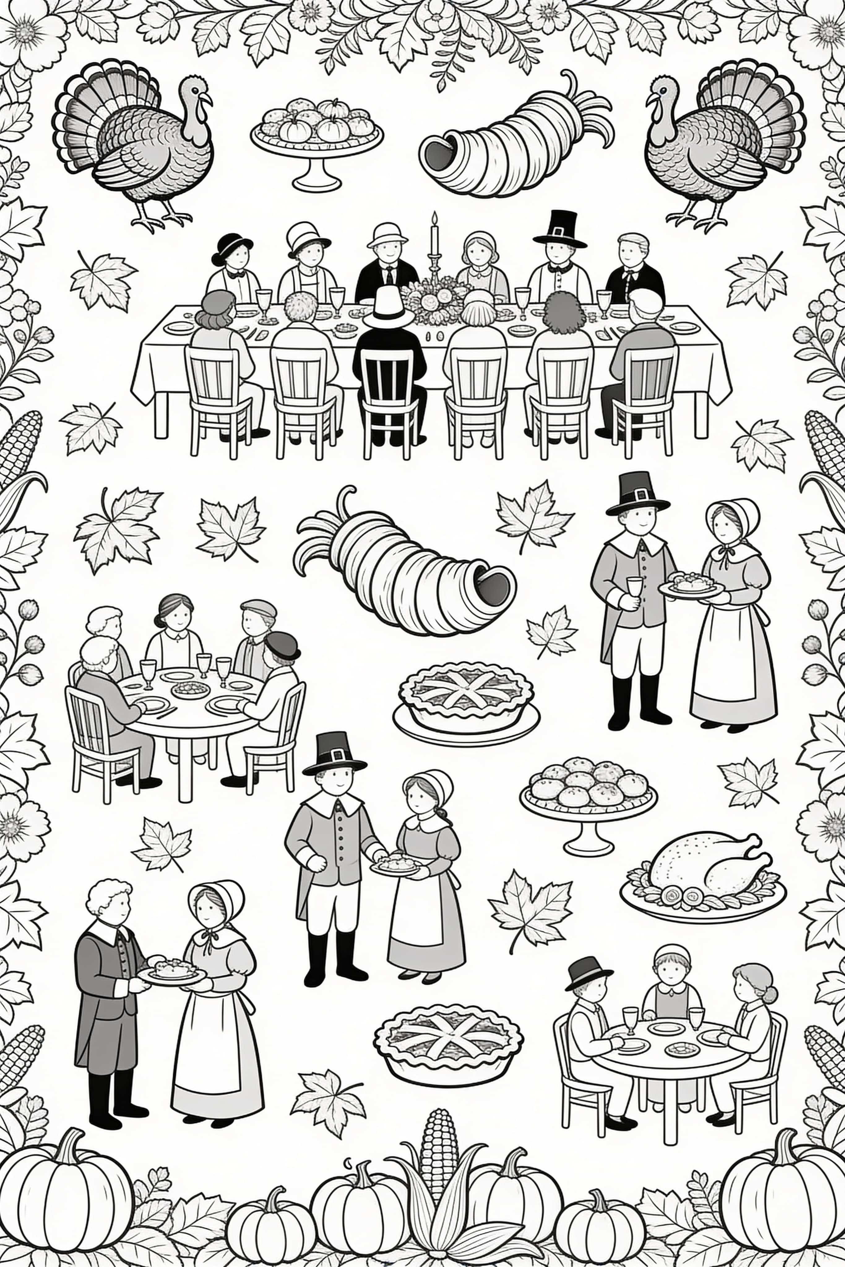 Detailed Thanksgiving celebration coloring page for adults with intricate designs