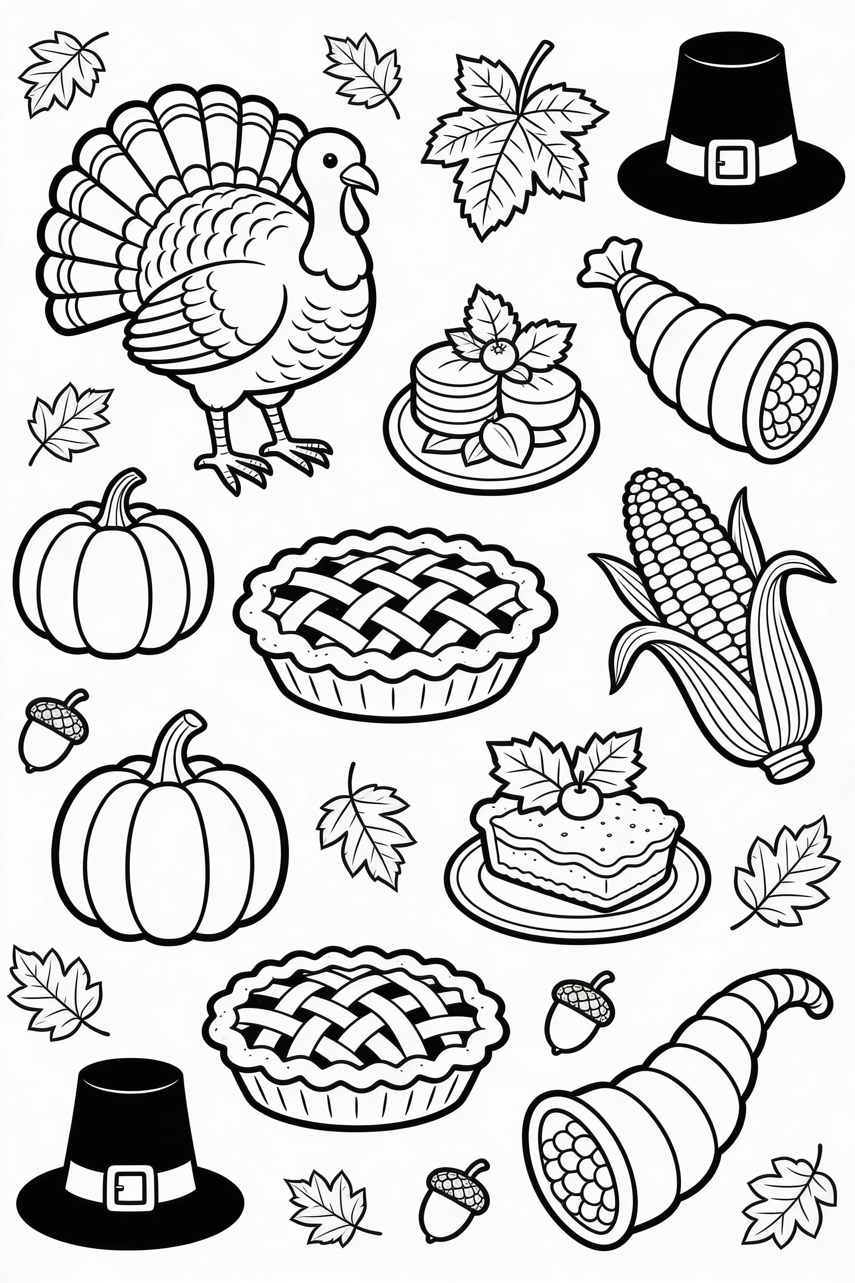 Detailed Thanksgiving celebration coloring page with autumn motifs for adults