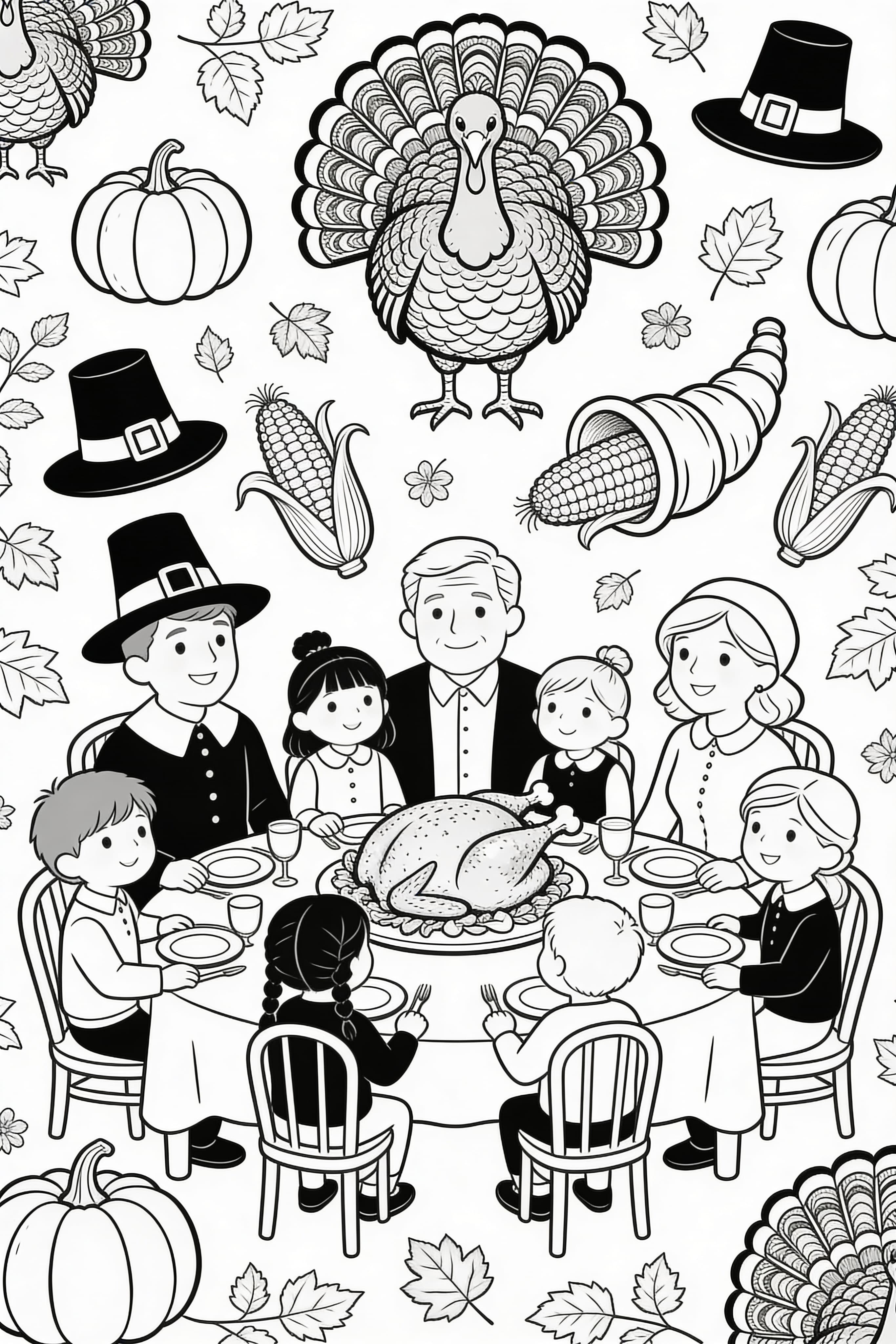 Detailed adult coloring page of a Thanksgiving celebration scene