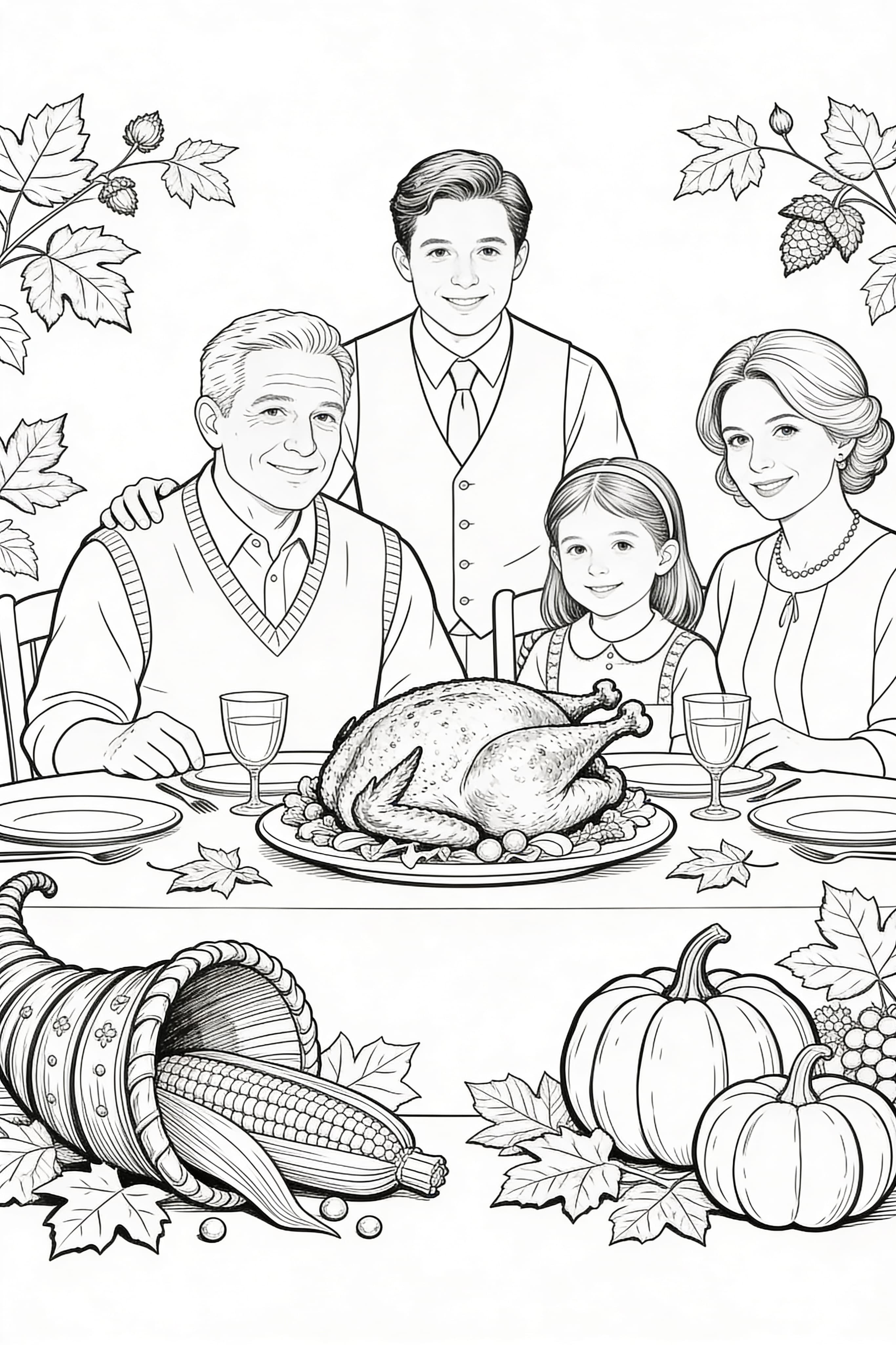 Printable realistic Thanksgiving celebration coloring page with festive details