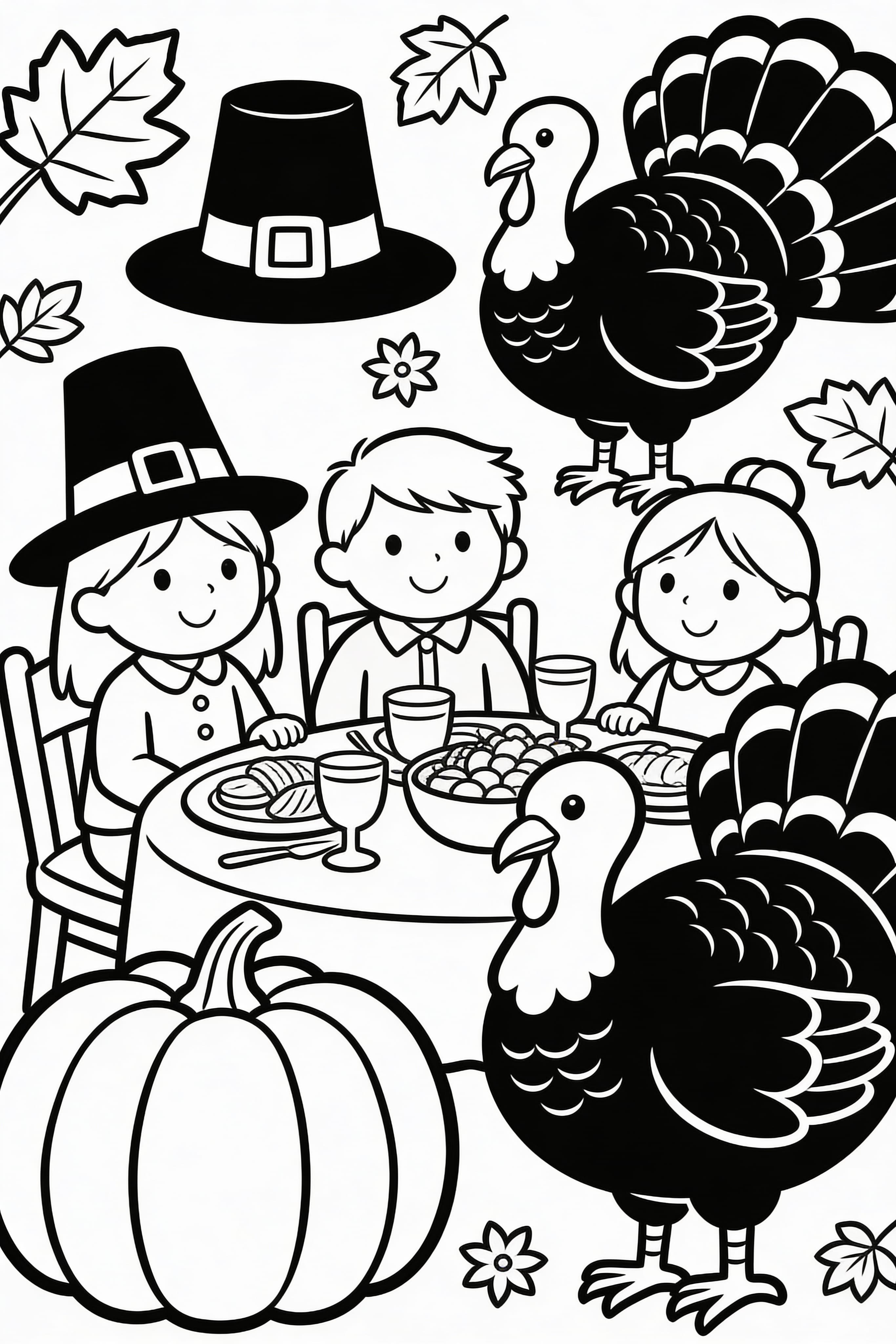 A simple Thanksgiving celebration scene for kids to color.