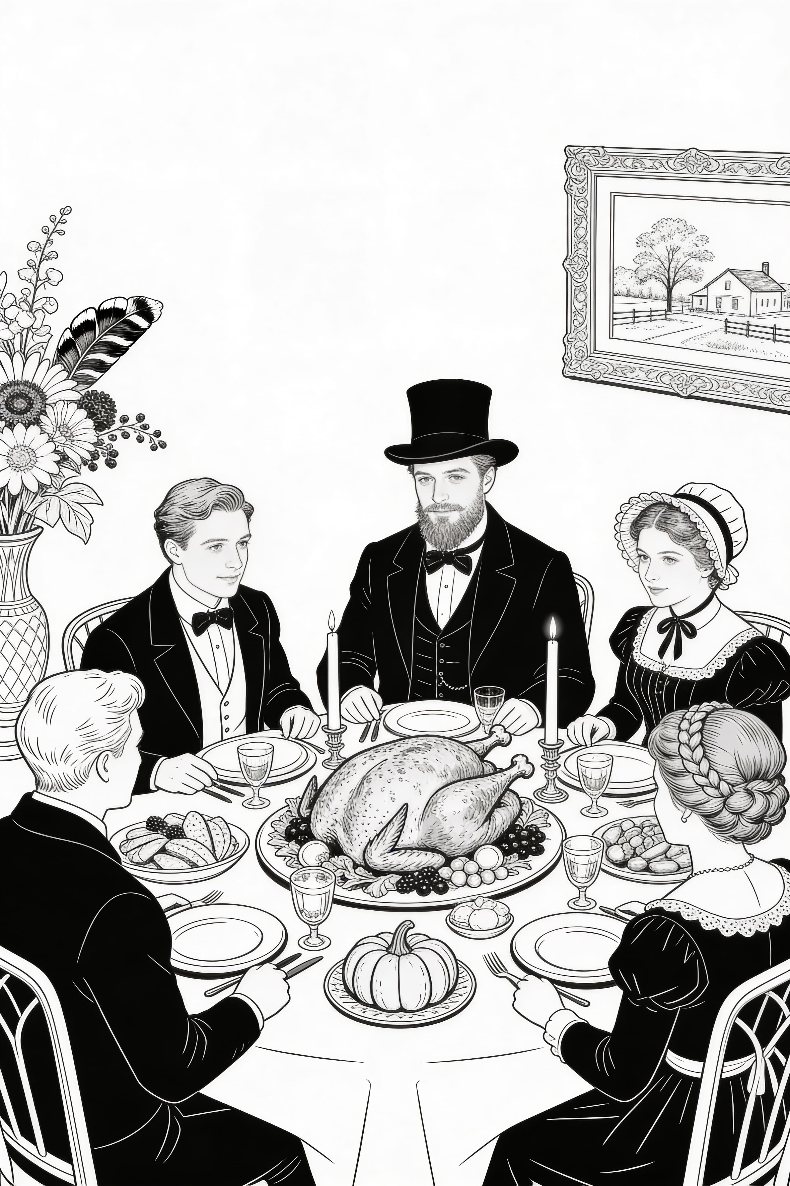 Vintage Thanksgiving celebration coloring page with a festive scene