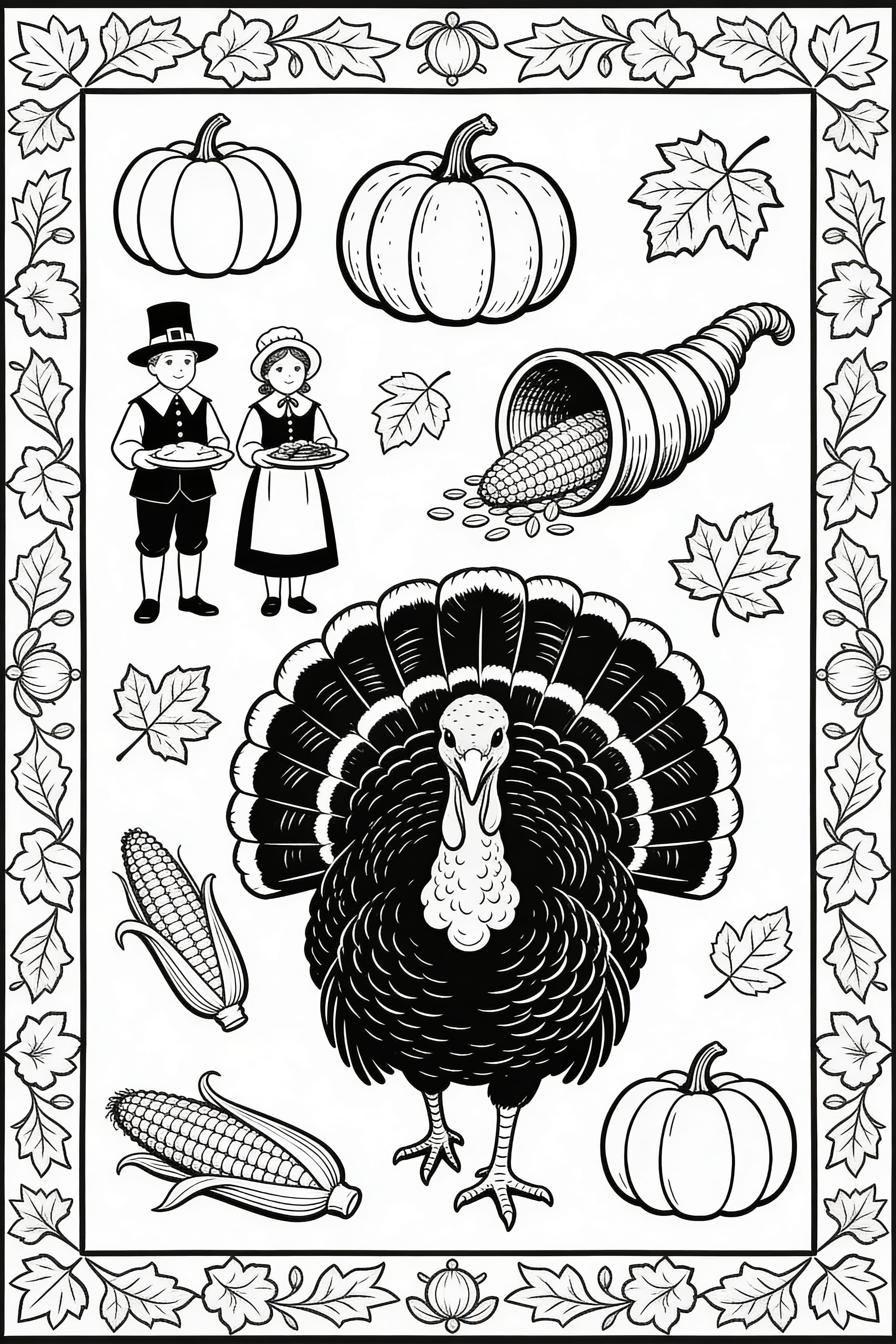 Vintage Thanksgiving Celebration Coloring Page