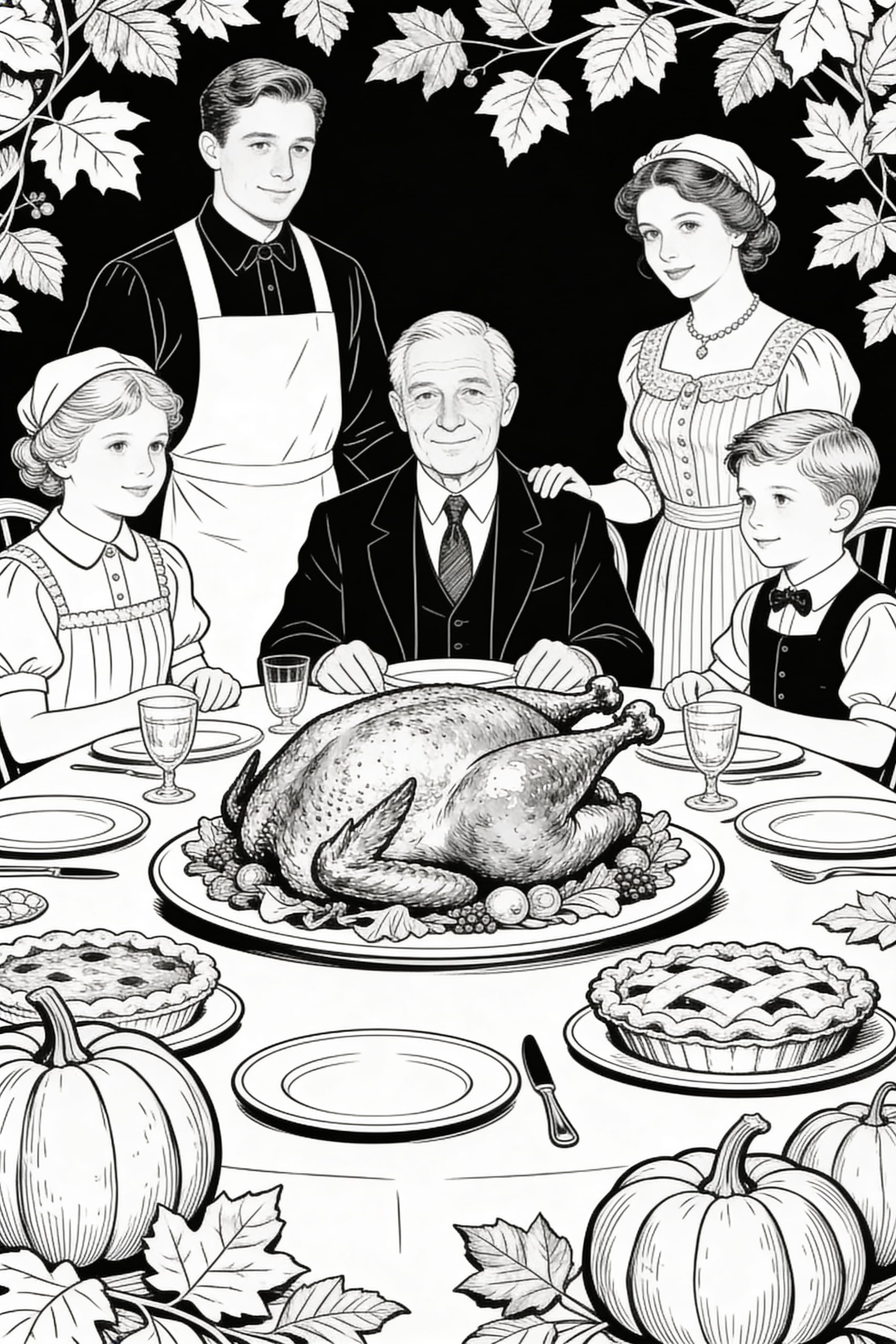 Vintage style Thanksgiving celebration coloring page featuring classic holiday elements for printing and coloring