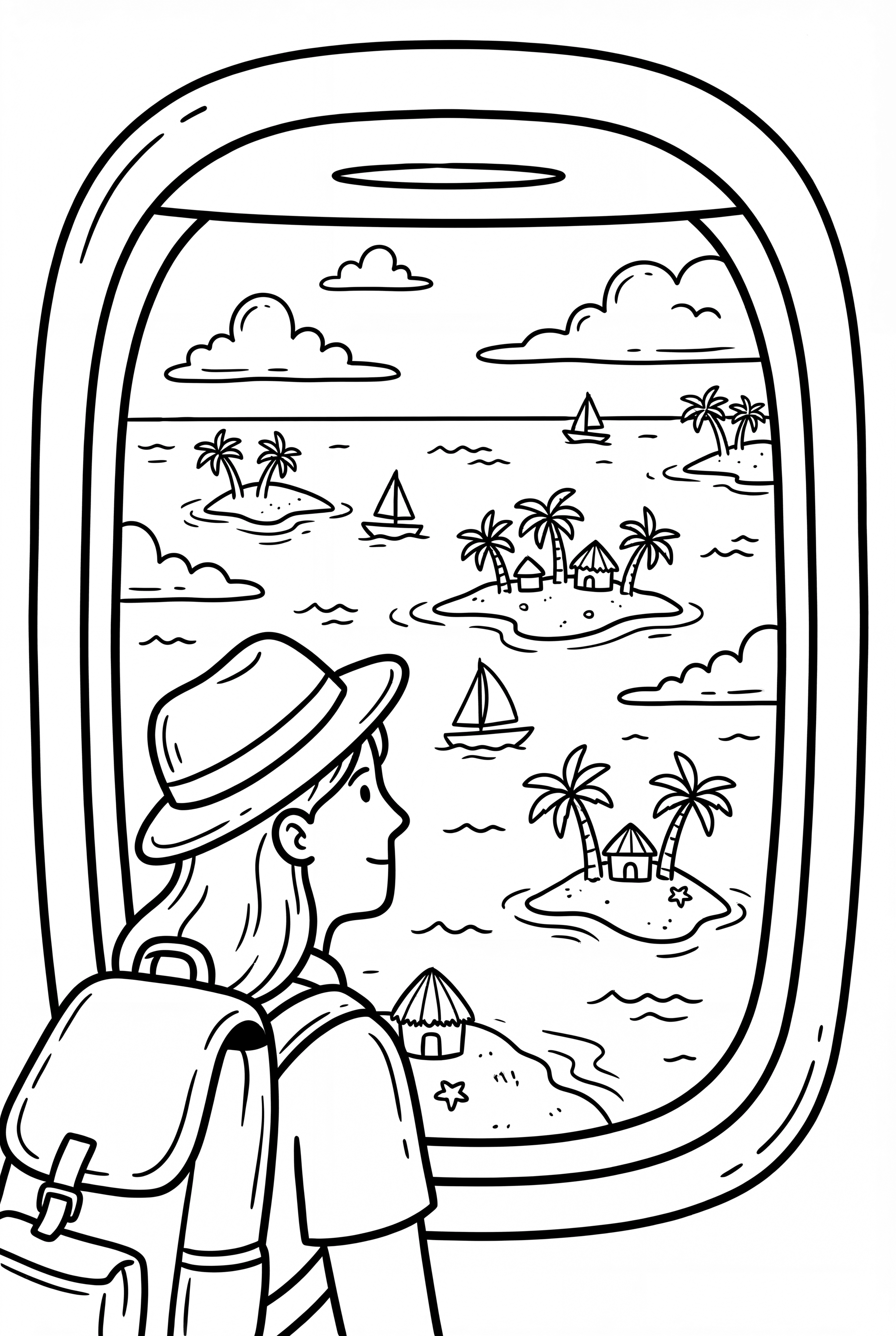 Traveler looks out plane window at tropical islands coloring page