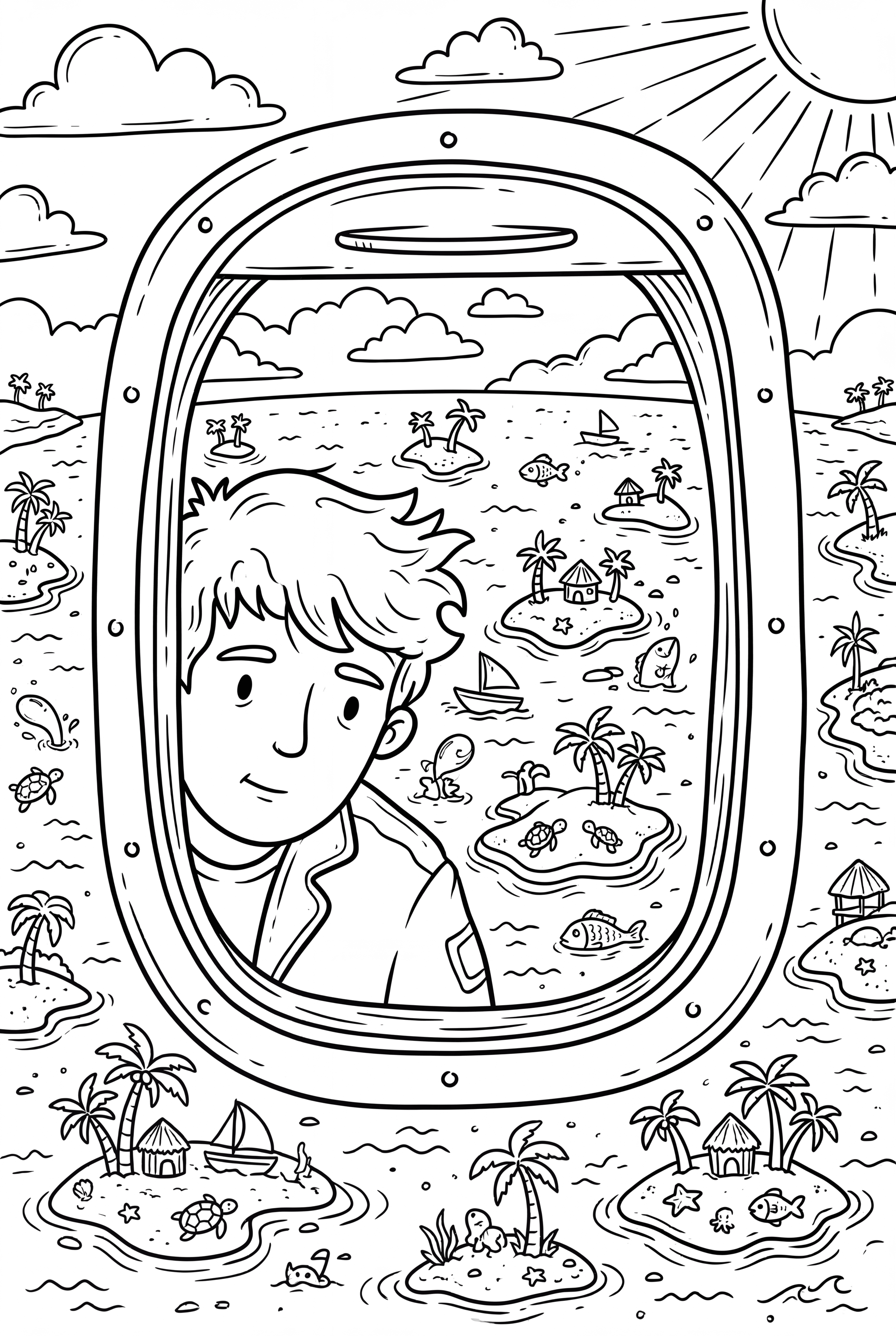 Traveler gazing through a plane window at tropical islands
