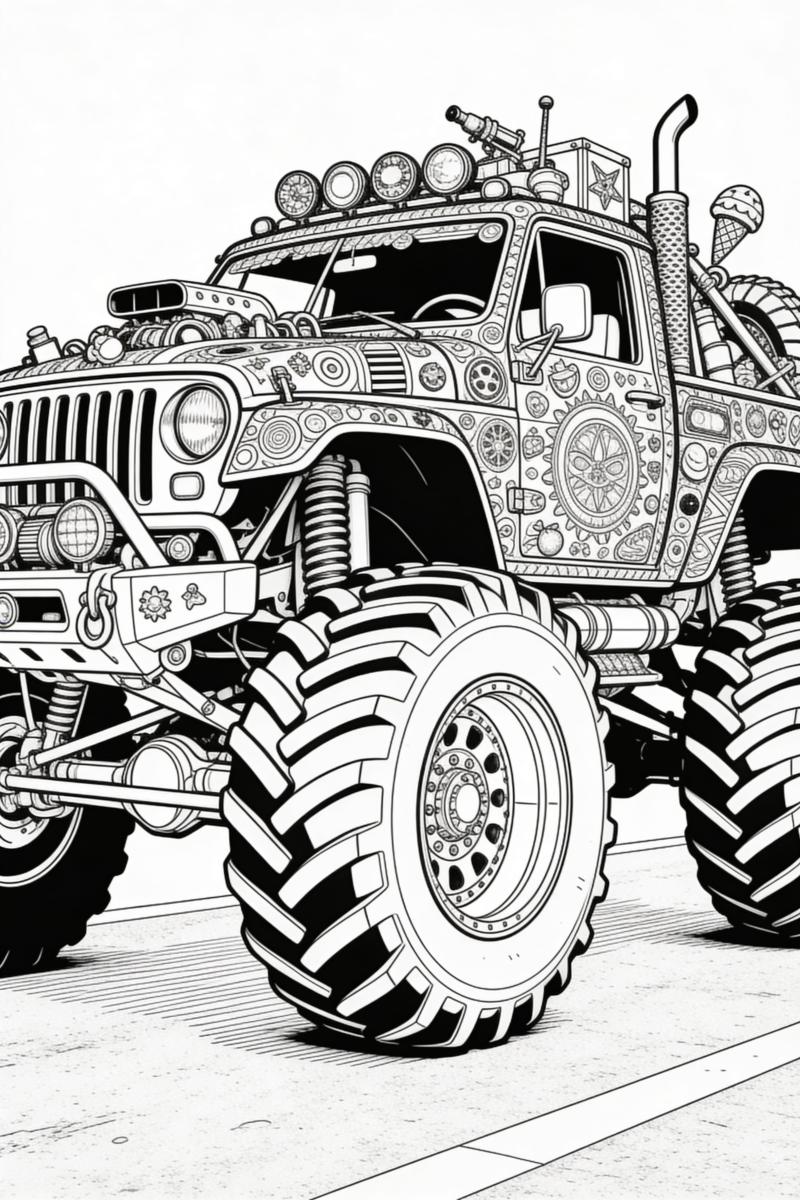 Detailed Monster Truck Coloring Page for Adults