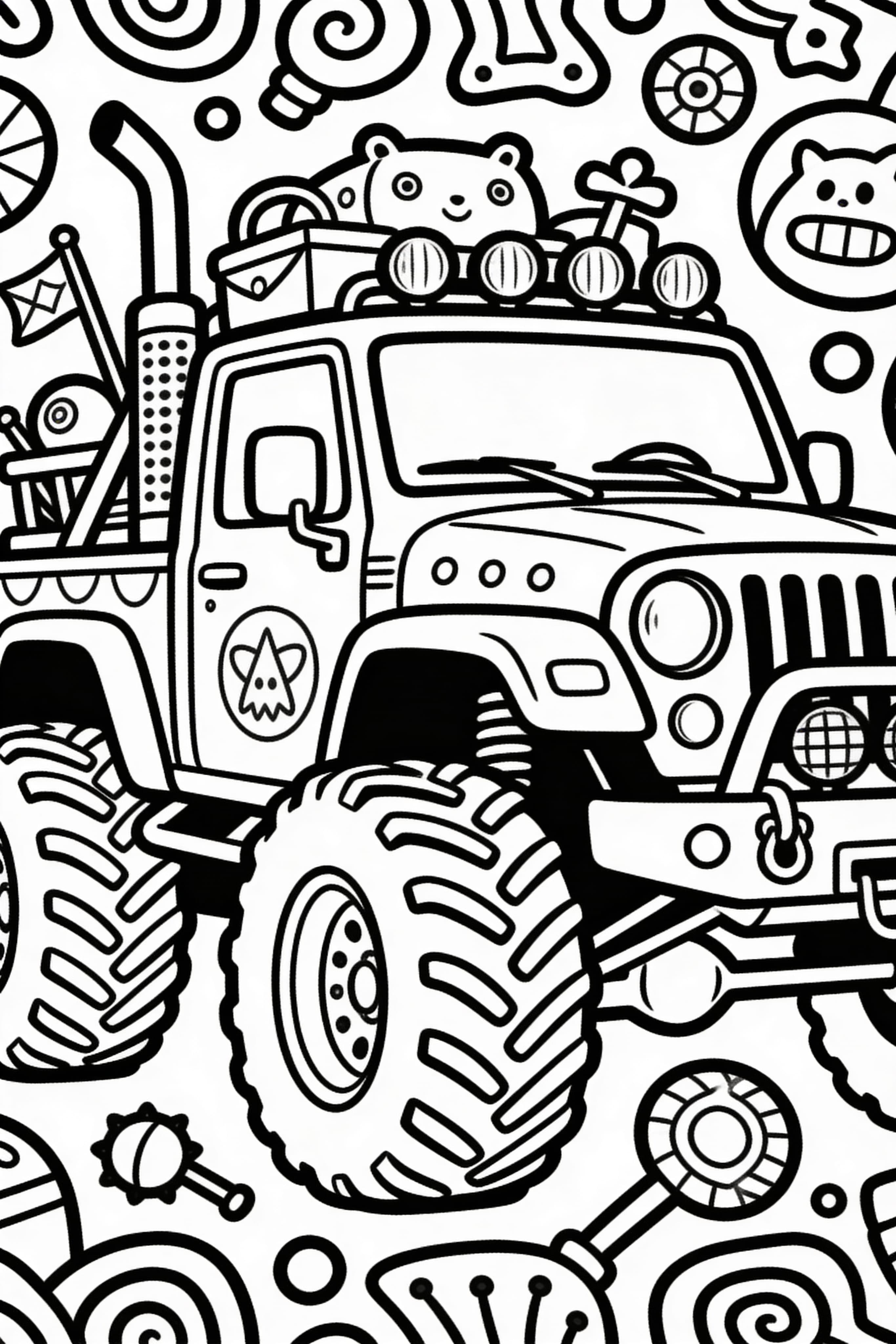 Doodle style monster truck with various cool features for coloring
