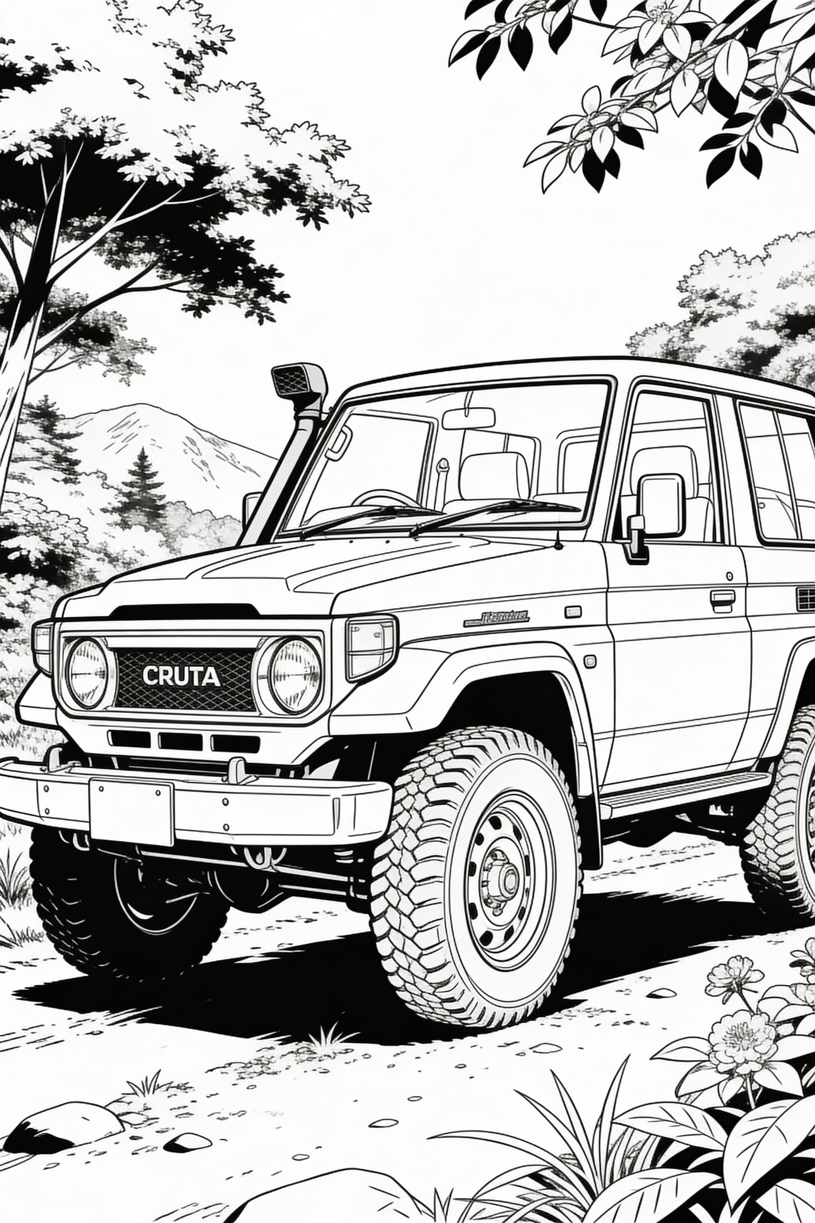Anime Style Landcruiser Coloring Page in Nature
