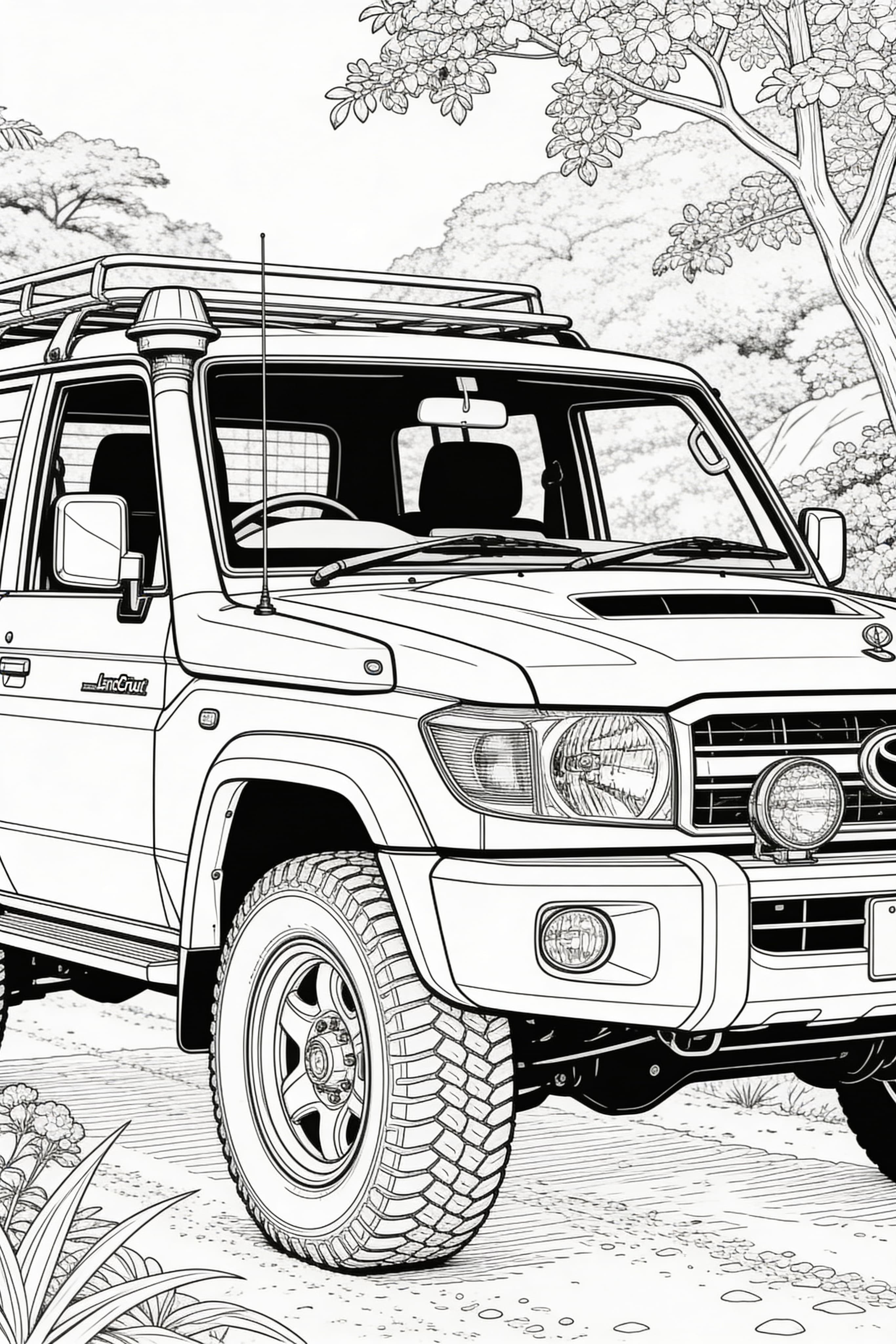 Detailed coloring page of a vintage landcruiser in a nature setting for adults