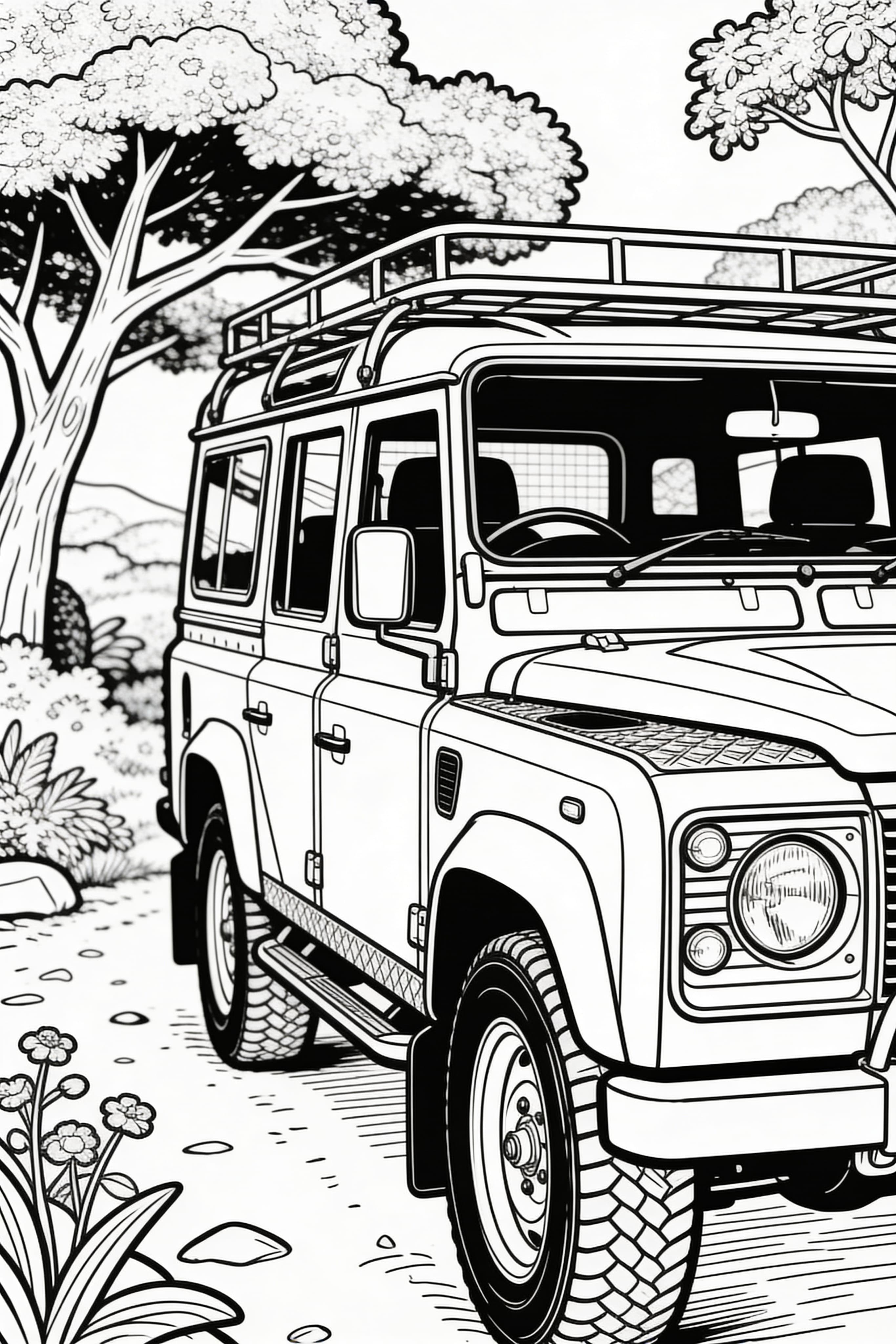 Doodle style vintage landcruiser in a serene natural setting coloring page