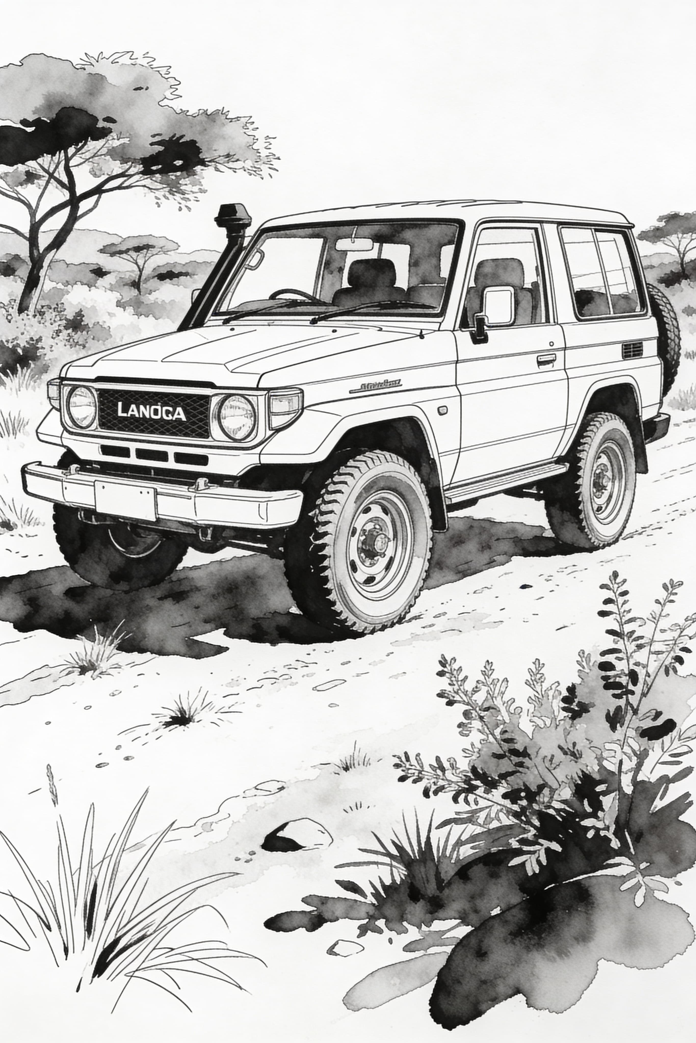 Watercolor Outline Landcruiser in Nature Coloring Page