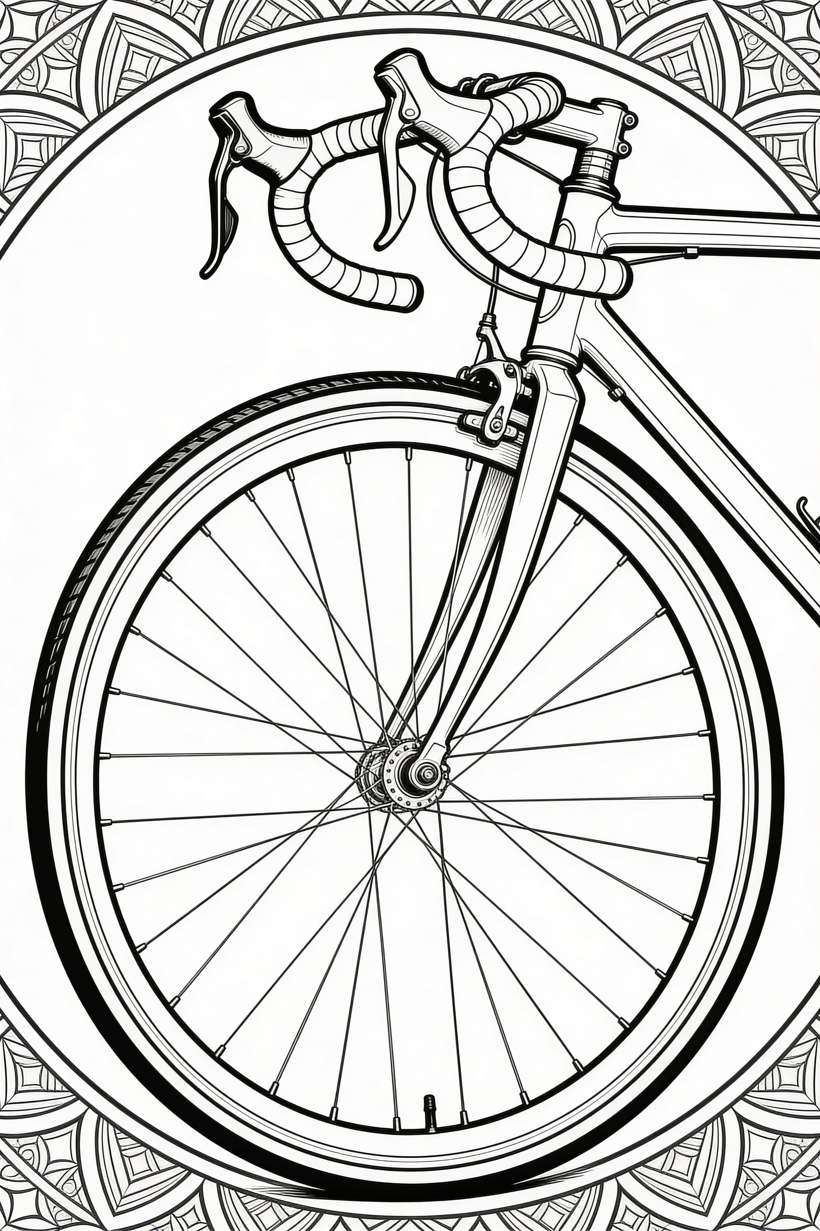 Mandala style vintage racer bicycle coloring page for printing