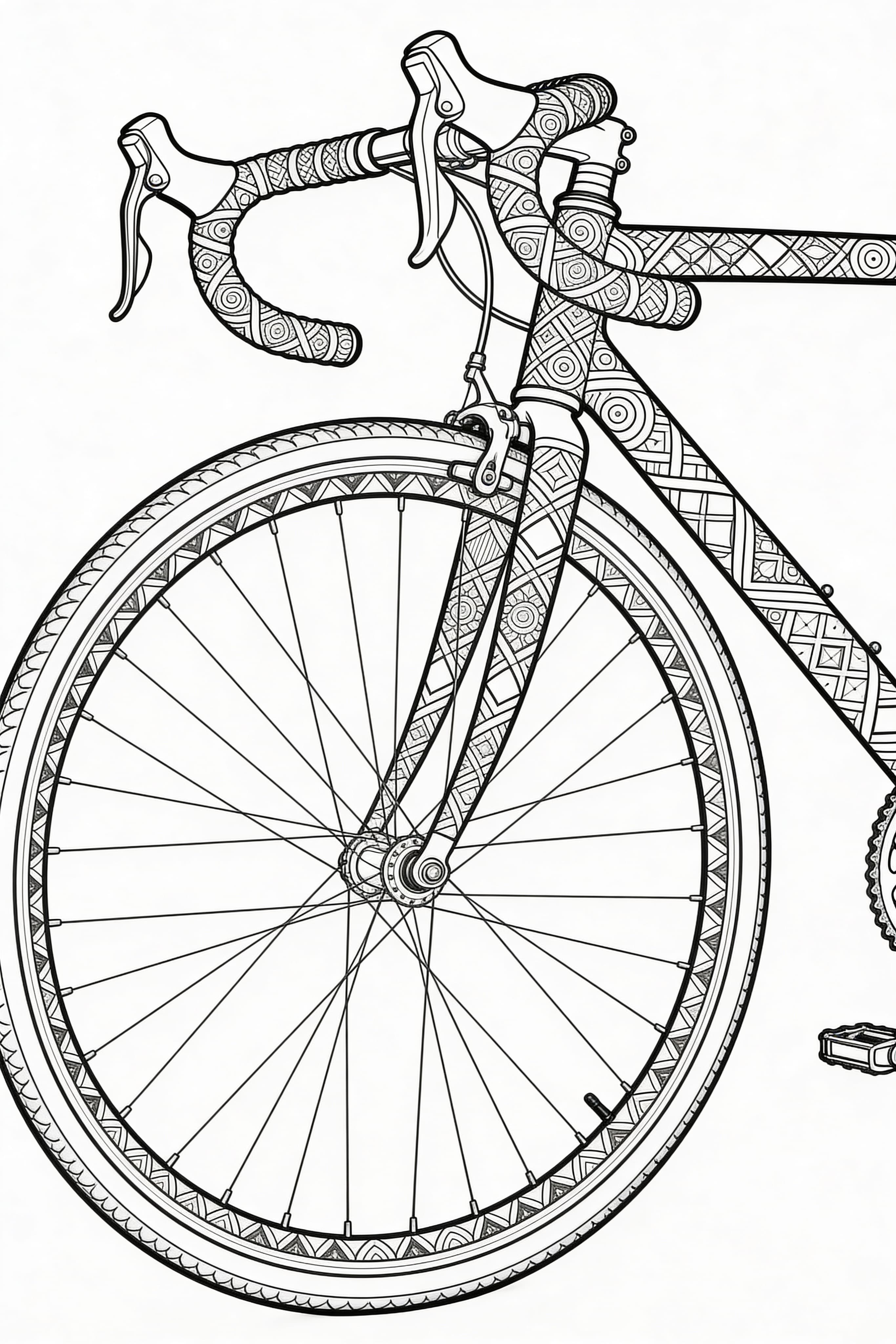 Intricate Zentangle style cool vintage racer bicycle coloring page