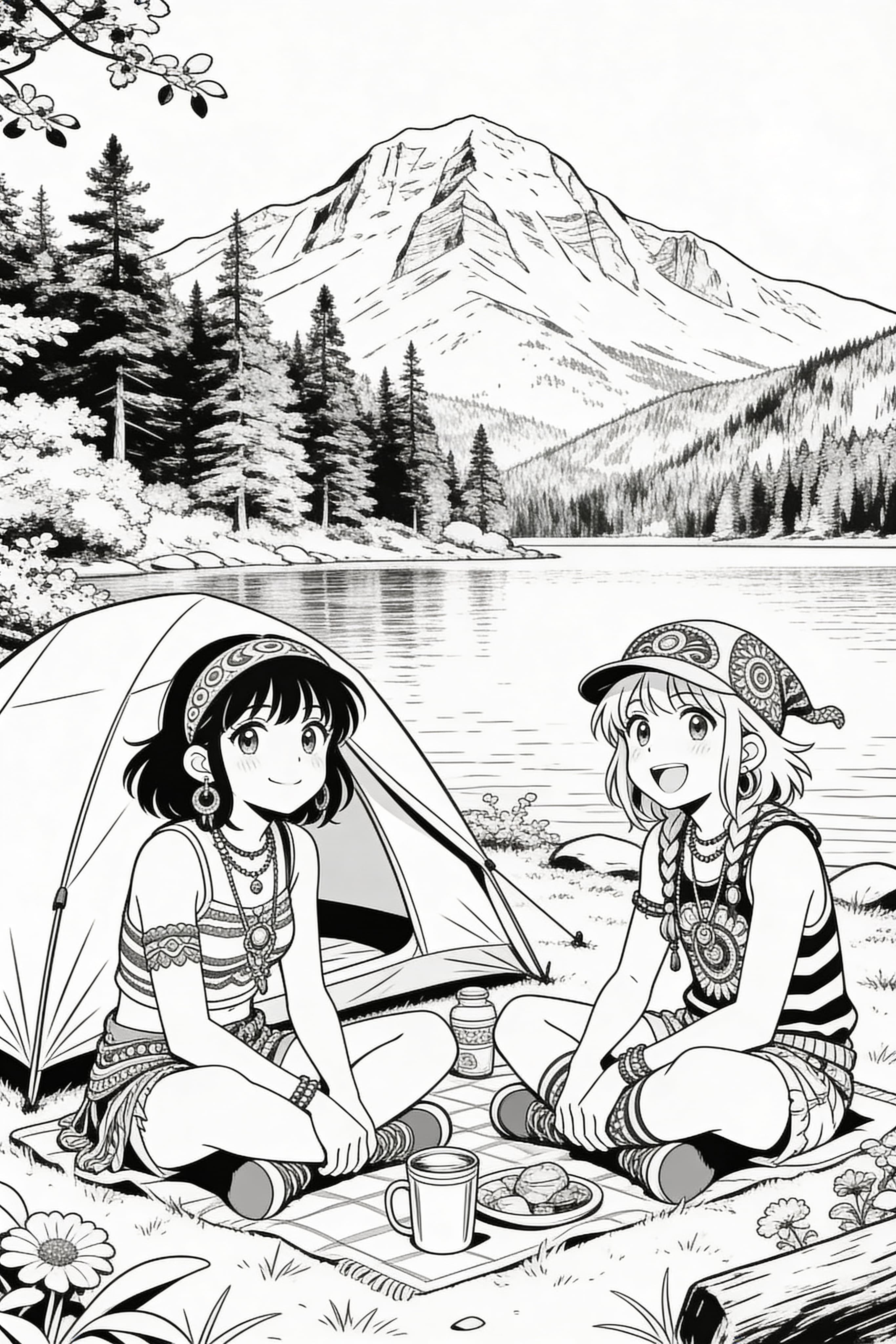 Anime-style hippies camping by a lake with mountain backdrop in the 70s.