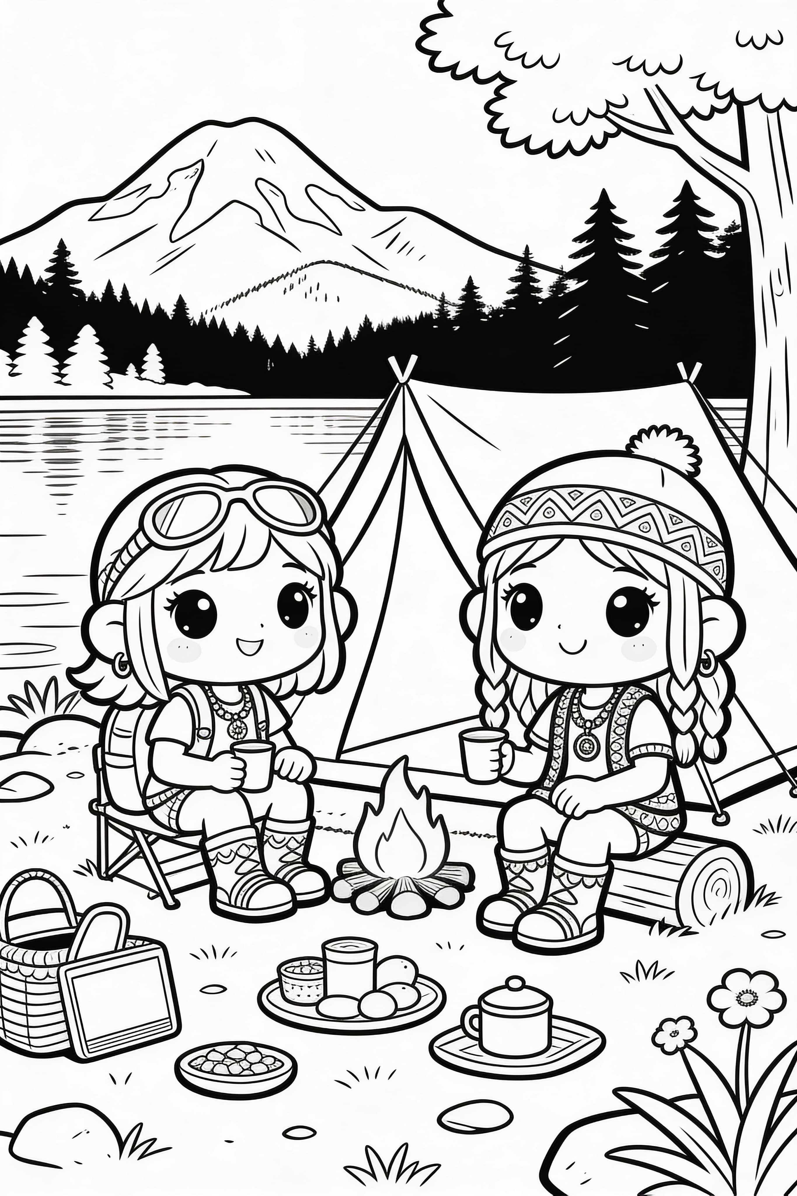 Cute cartoon hippies camping by a lake in the 70's with a mountain backdrop