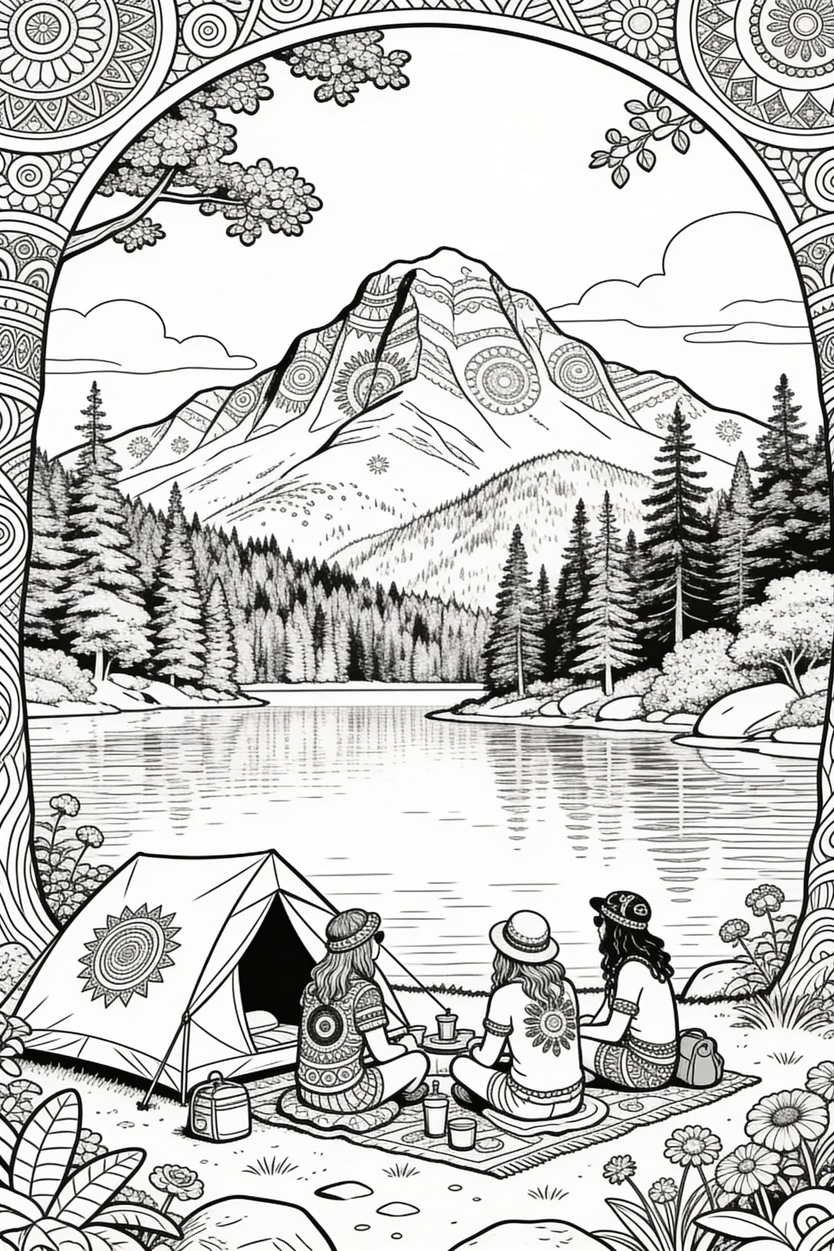 Hippies camping by a lake in the 70s with mountain backdrop