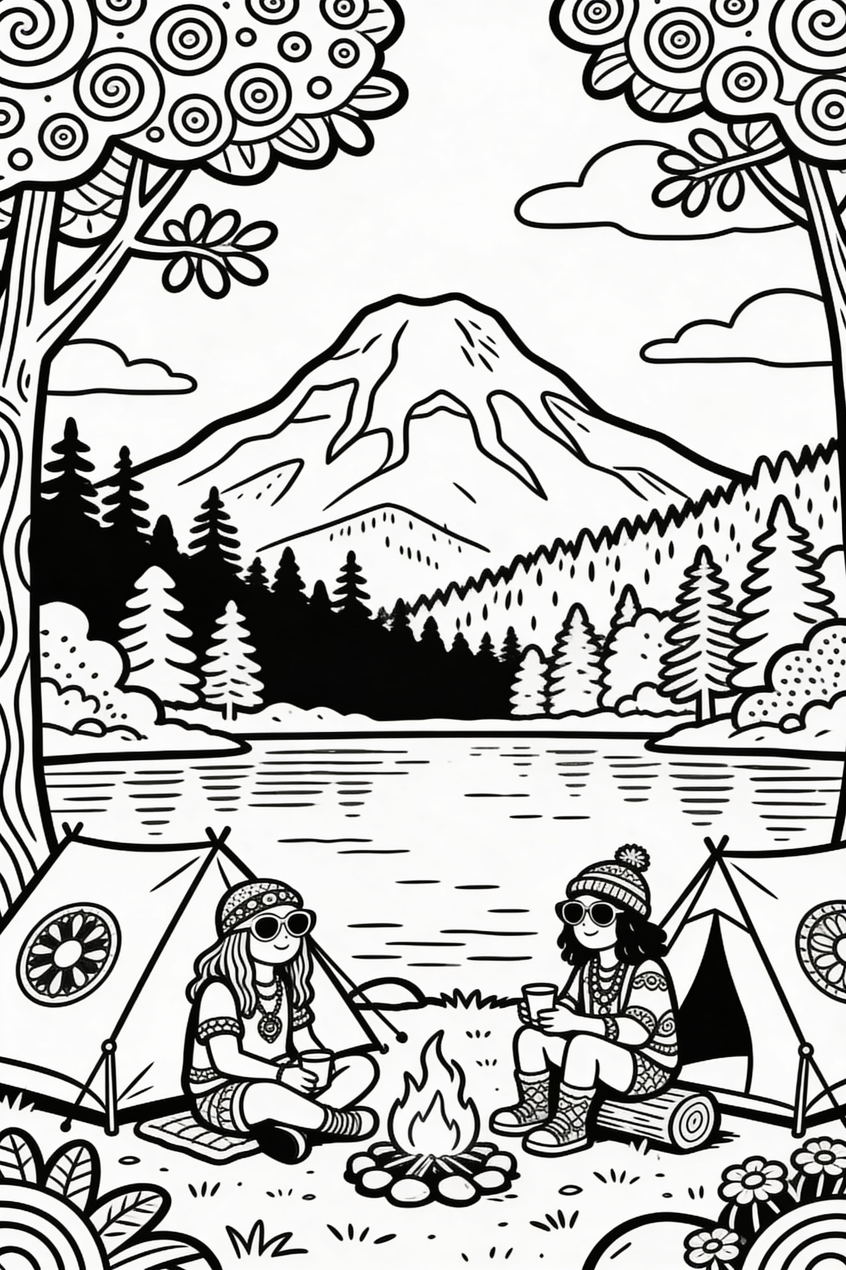 Doodle Hippies Camping by Lake Coloring Page