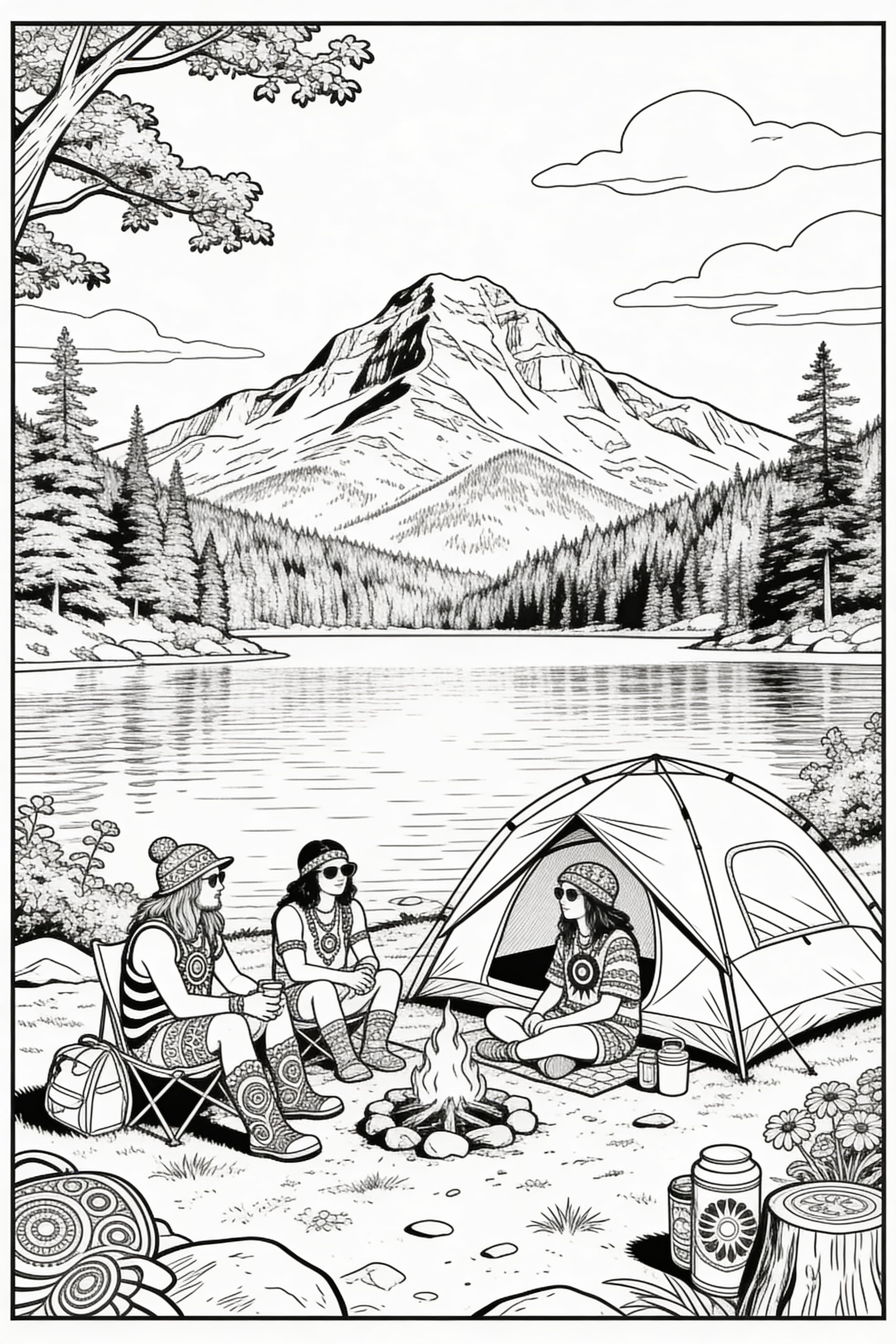Realistic Hippies Camping Coloring Page - 70's Lake