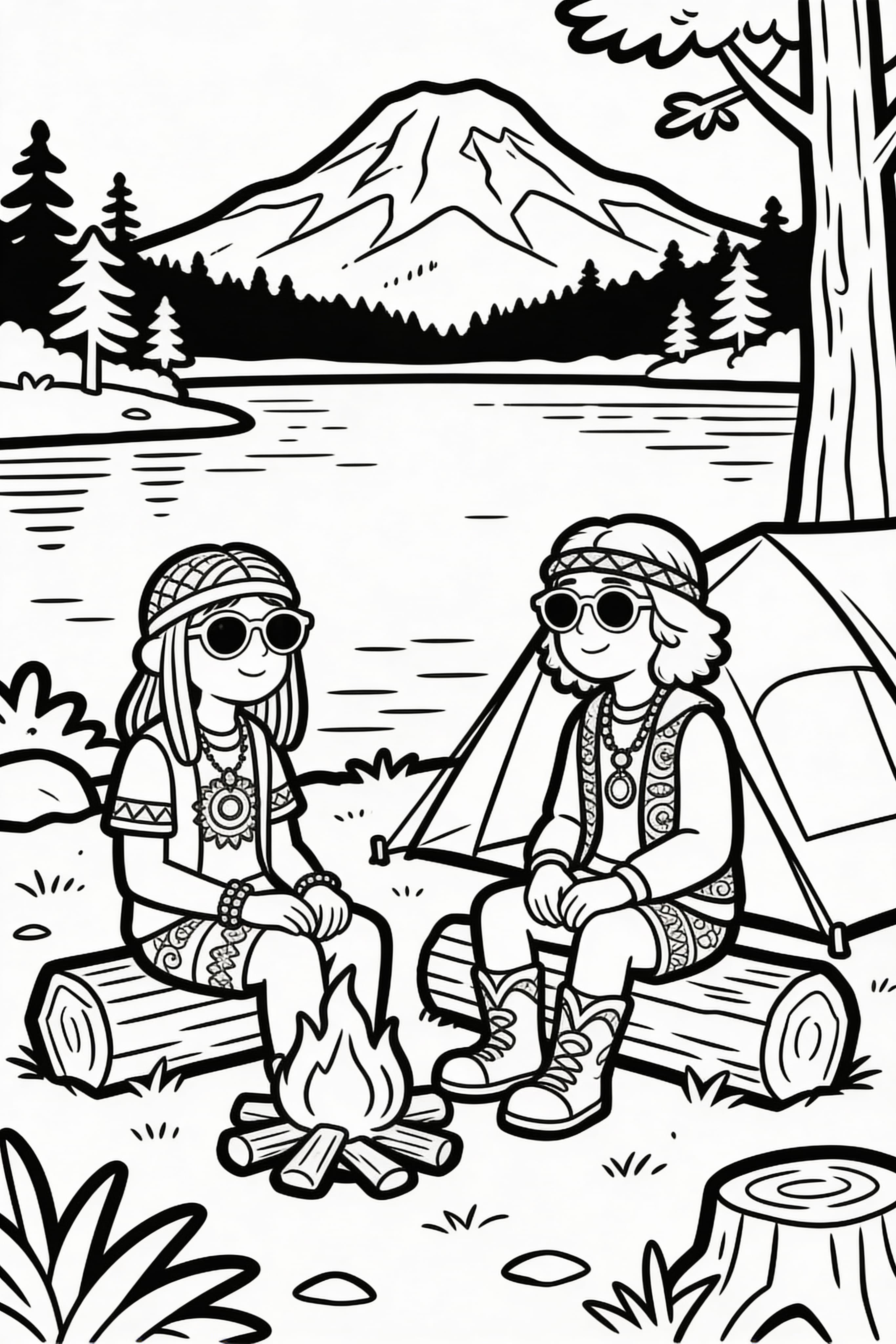 Hippies camping by a lake in the 70s with mountain view