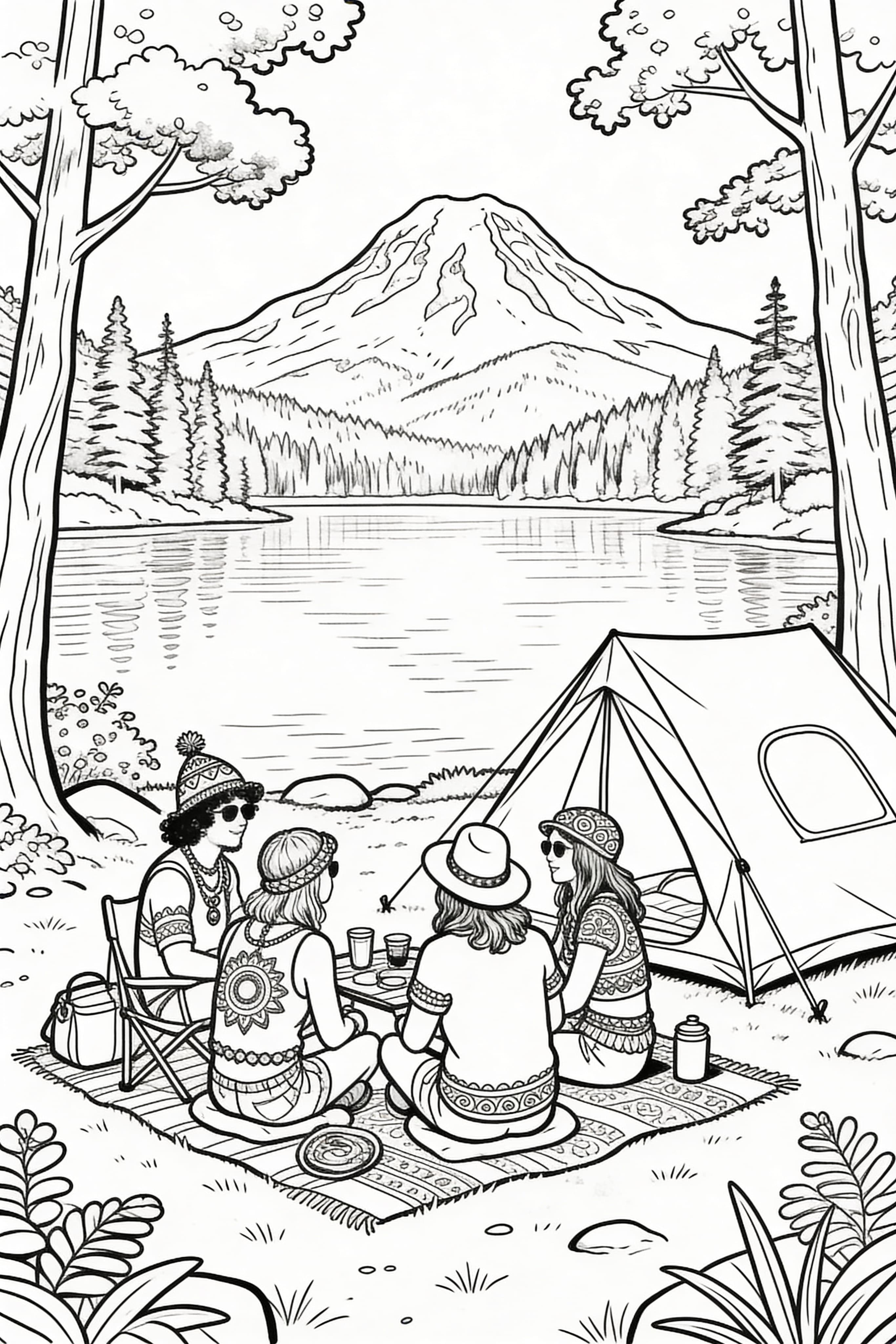 Watercolor Outline: Hippies Camping by Lake