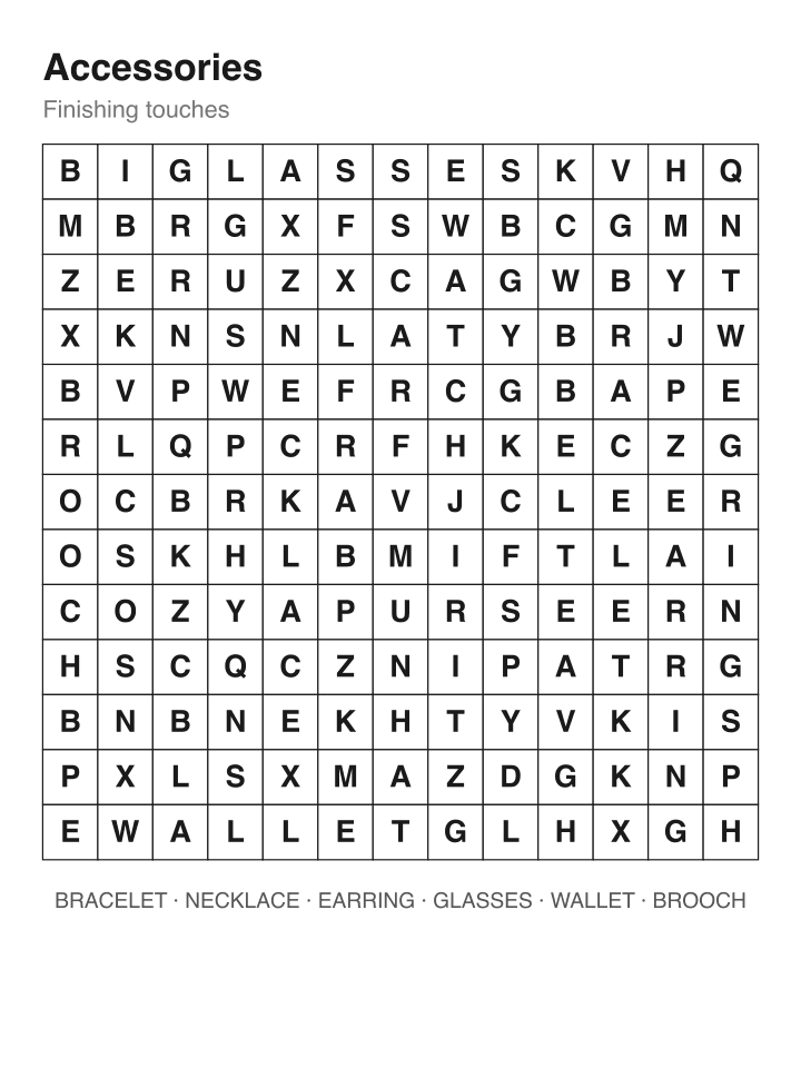 Accessories word search puzzle, 13 by 13 grid