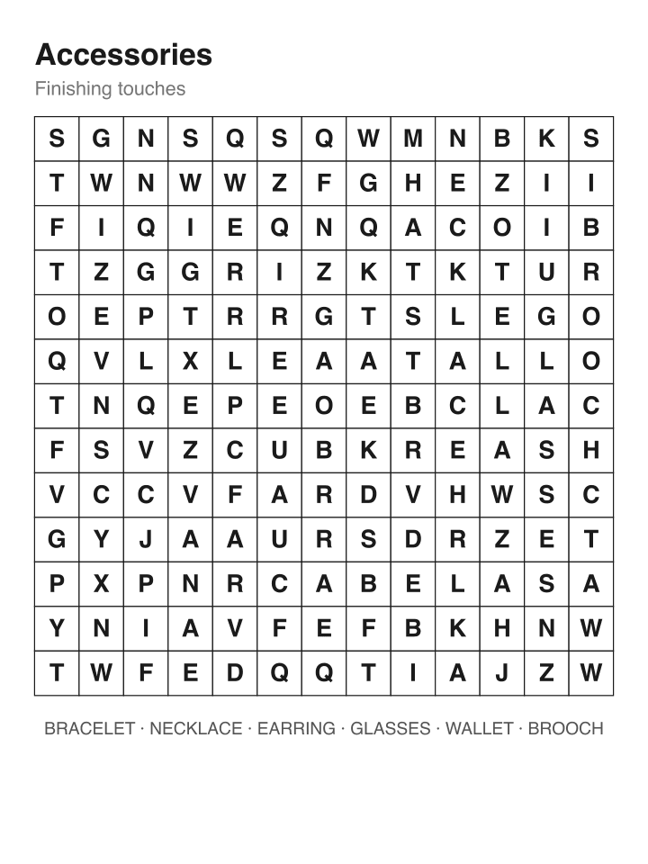 Accessories word search puzzle, 13 by 13 grid