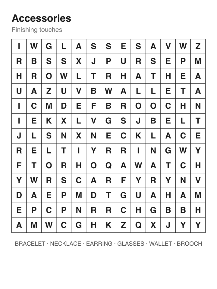 Accessories word search puzzle, 13 by 13 grid