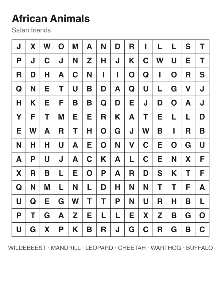 African Animals word search puzzle, 14 by 14 grid