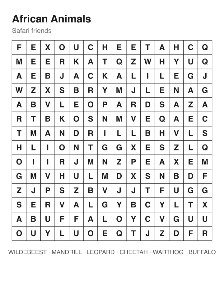African Animals word search puzzle, 14 by 14 grid