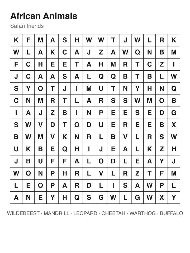 African Animals word search puzzle, 14 by 14 grid