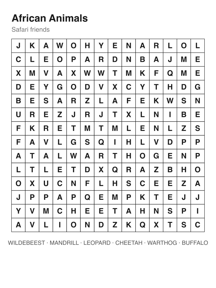 African Animals word search puzzle, 14 by 14 grid