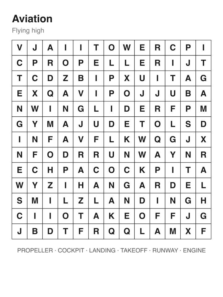 Aviation word search puzzle, 13 by 13 grid