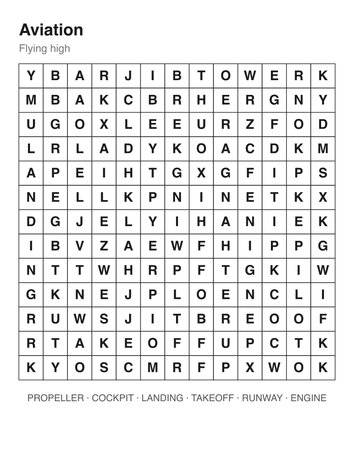 Aviation word search puzzle, 13 by 13 grid