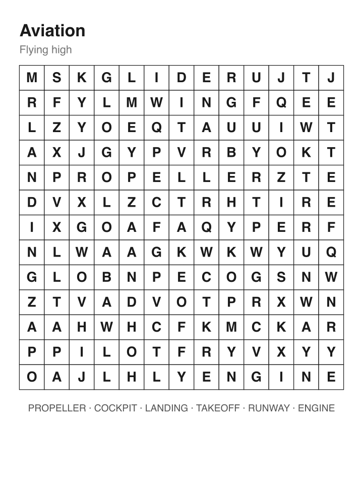 Aviation word search puzzle, 13 by 13 grid