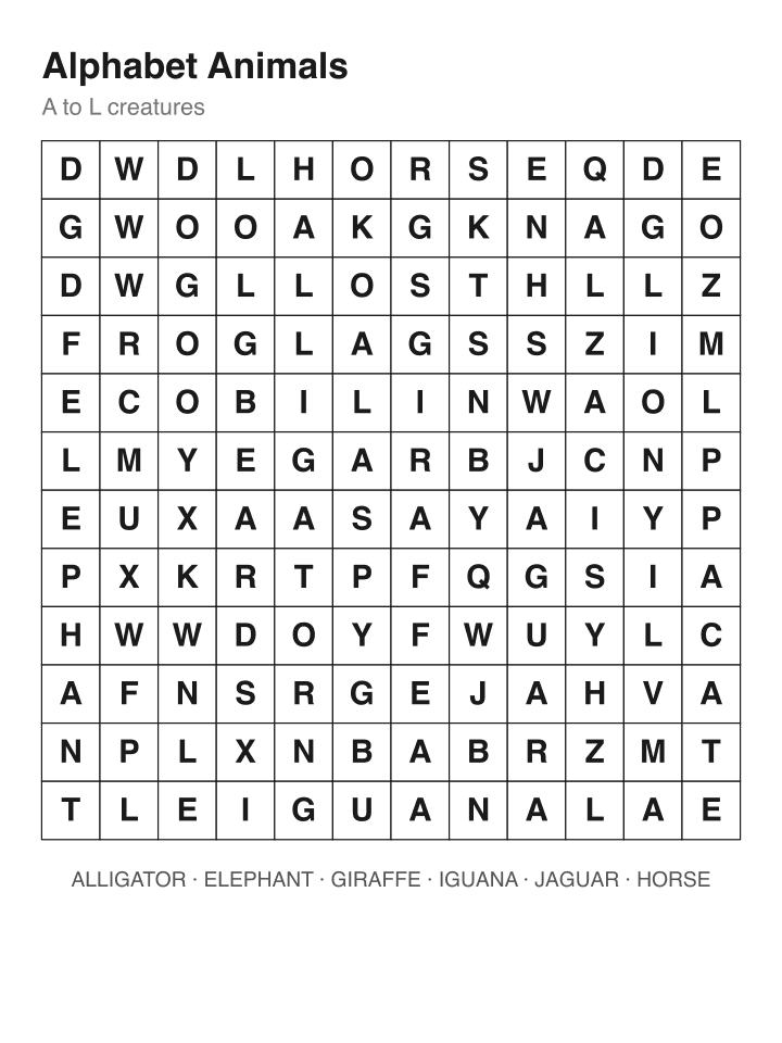 Alphabet Animals word search puzzle, 12 by 12 grid