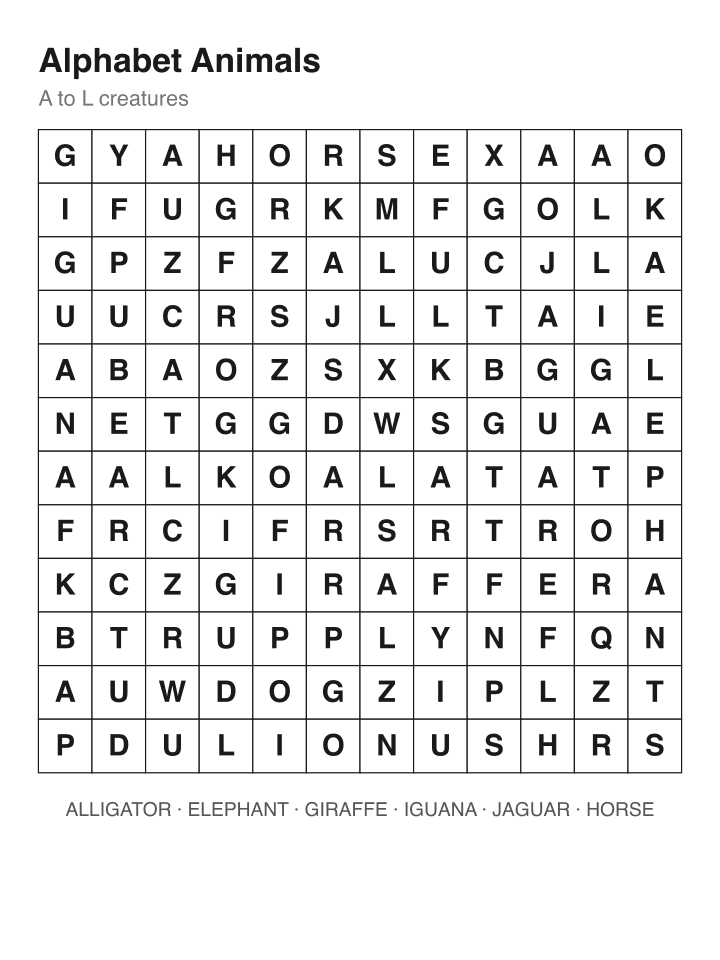 Alphabet Animals word search puzzle, 12 by 12 grid