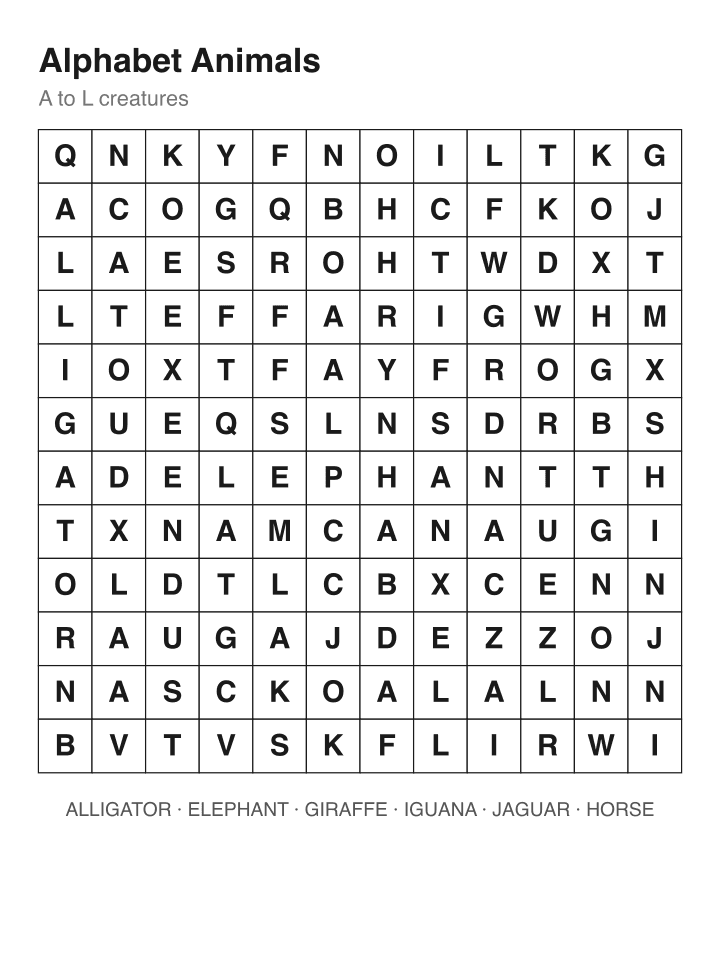 Alphabet Animals word search puzzle, 12 by 12 grid
