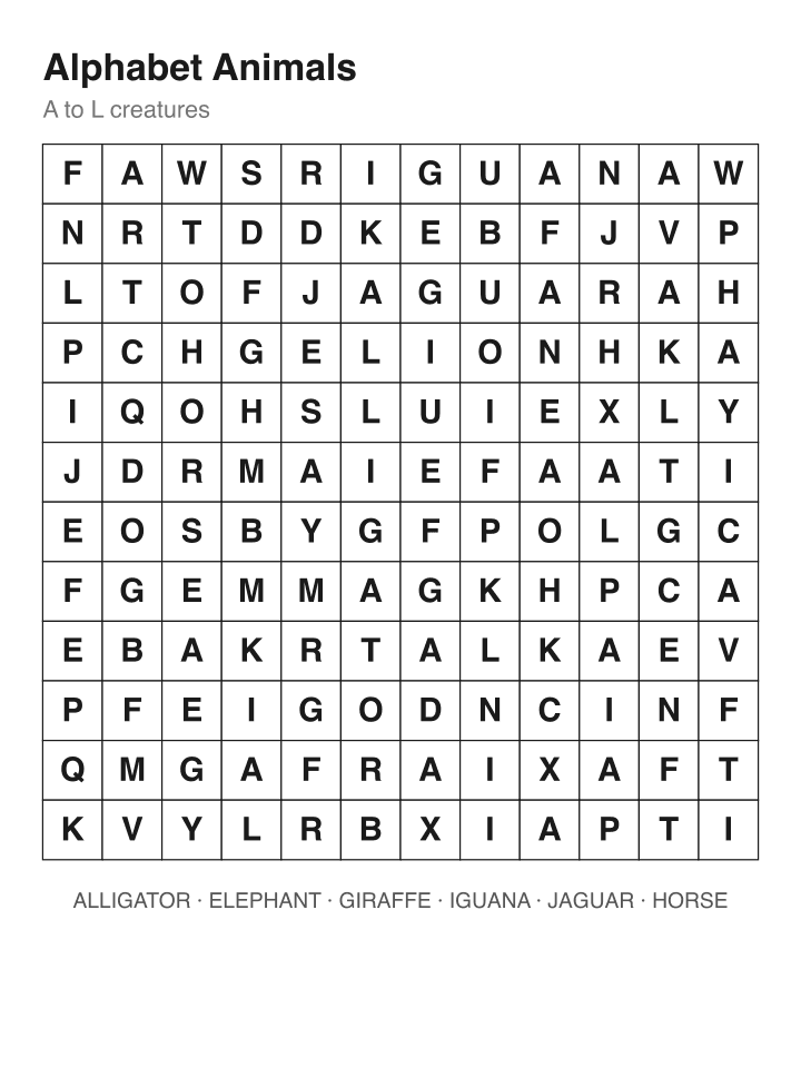 Alphabet Animals word search puzzle, 12 by 12 grid