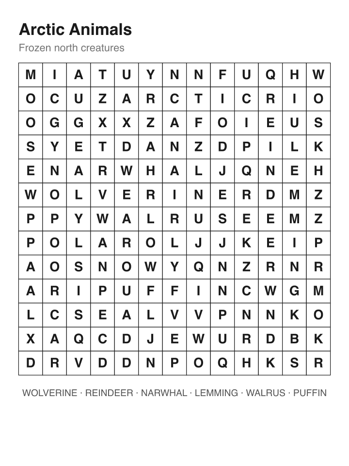 Arctic Animals word search puzzle, 13 by 13 grid