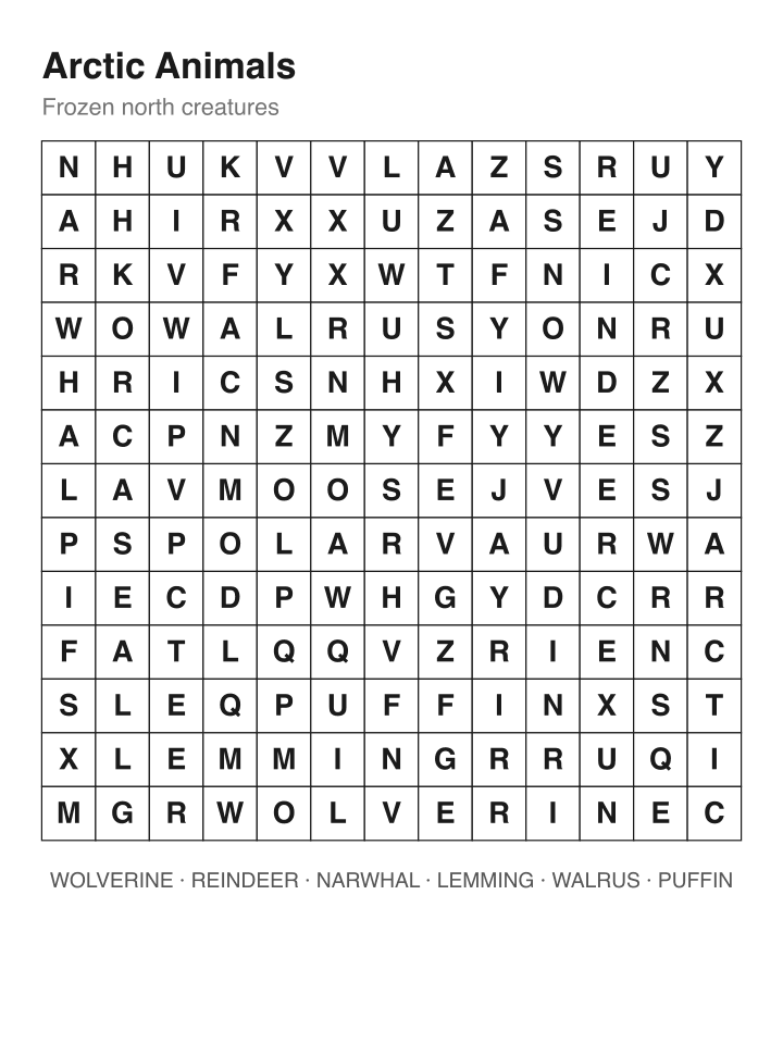 Arctic Animals word search puzzle, 13 by 13 grid