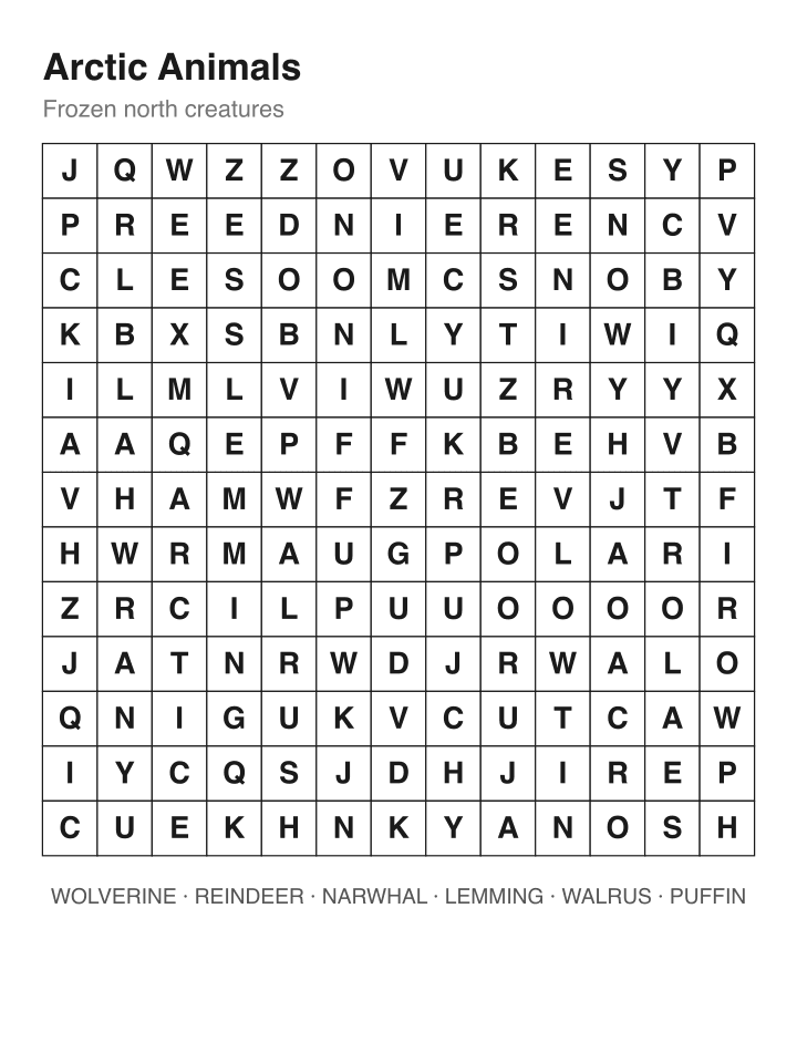 Arctic Animals word search puzzle, 13 by 13 grid