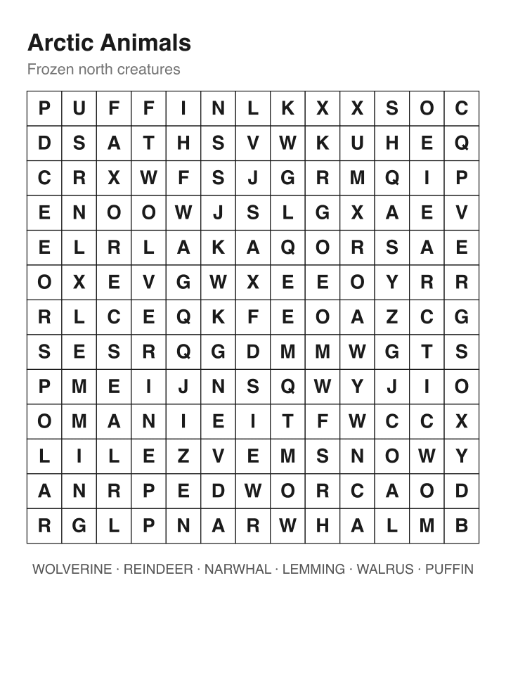Arctic Animals word search puzzle, 13 by 13 grid