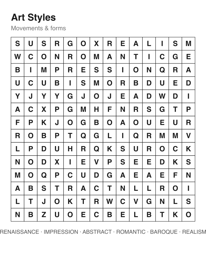 Art Styles word search puzzle, 14 by 14 grid