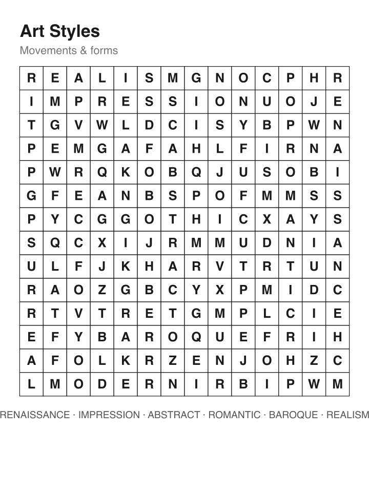 Art Styles word search puzzle, 14 by 14 grid