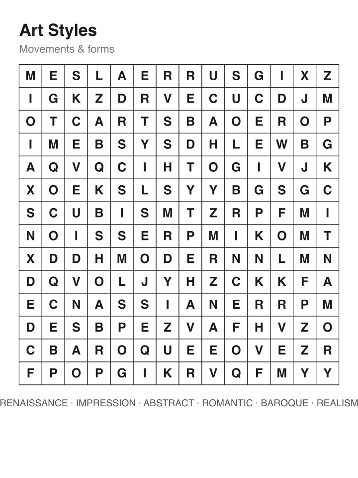 Art Styles word search puzzle, 14 by 14 grid