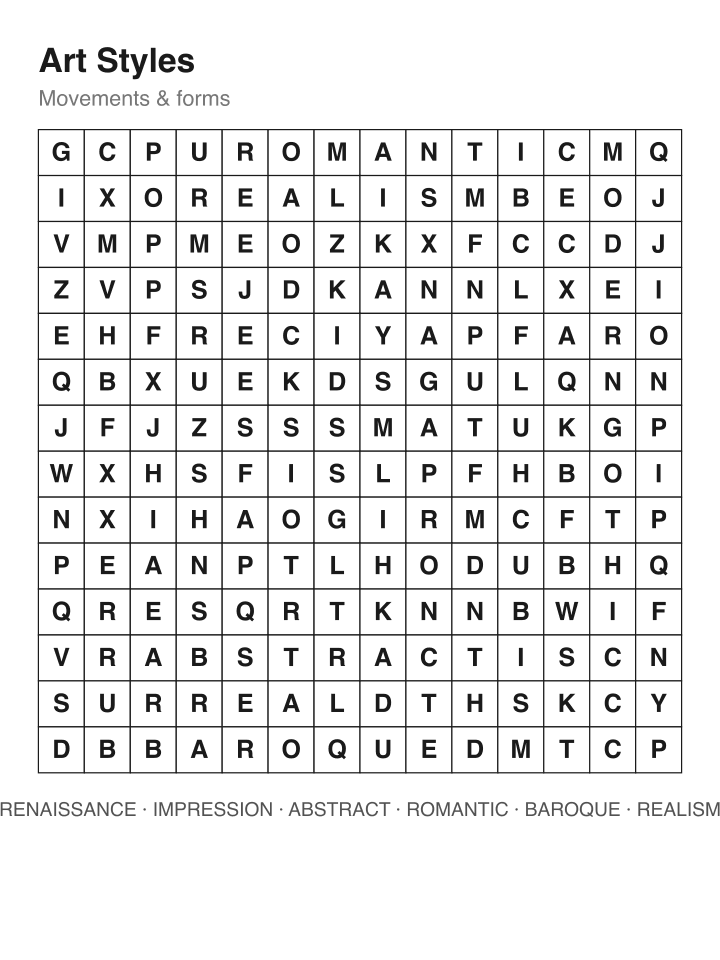 Art Styles word search puzzle, 14 by 14 grid
