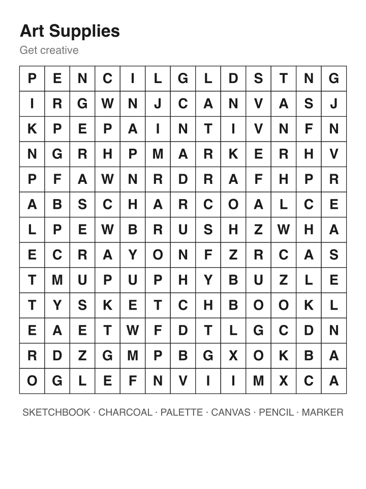Art Supplies word search puzzle, 13 by 13 grid