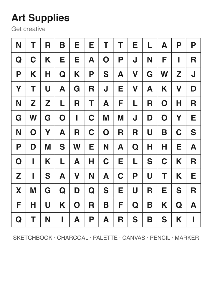 Art Supplies Word Search · Hard